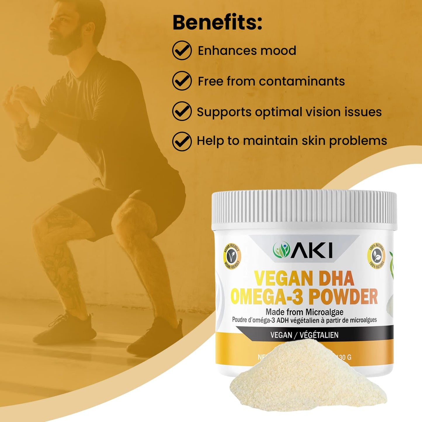 AKI ORGANIC Omega 3 DHA Micro Algae Powder, 4.6 Ounce