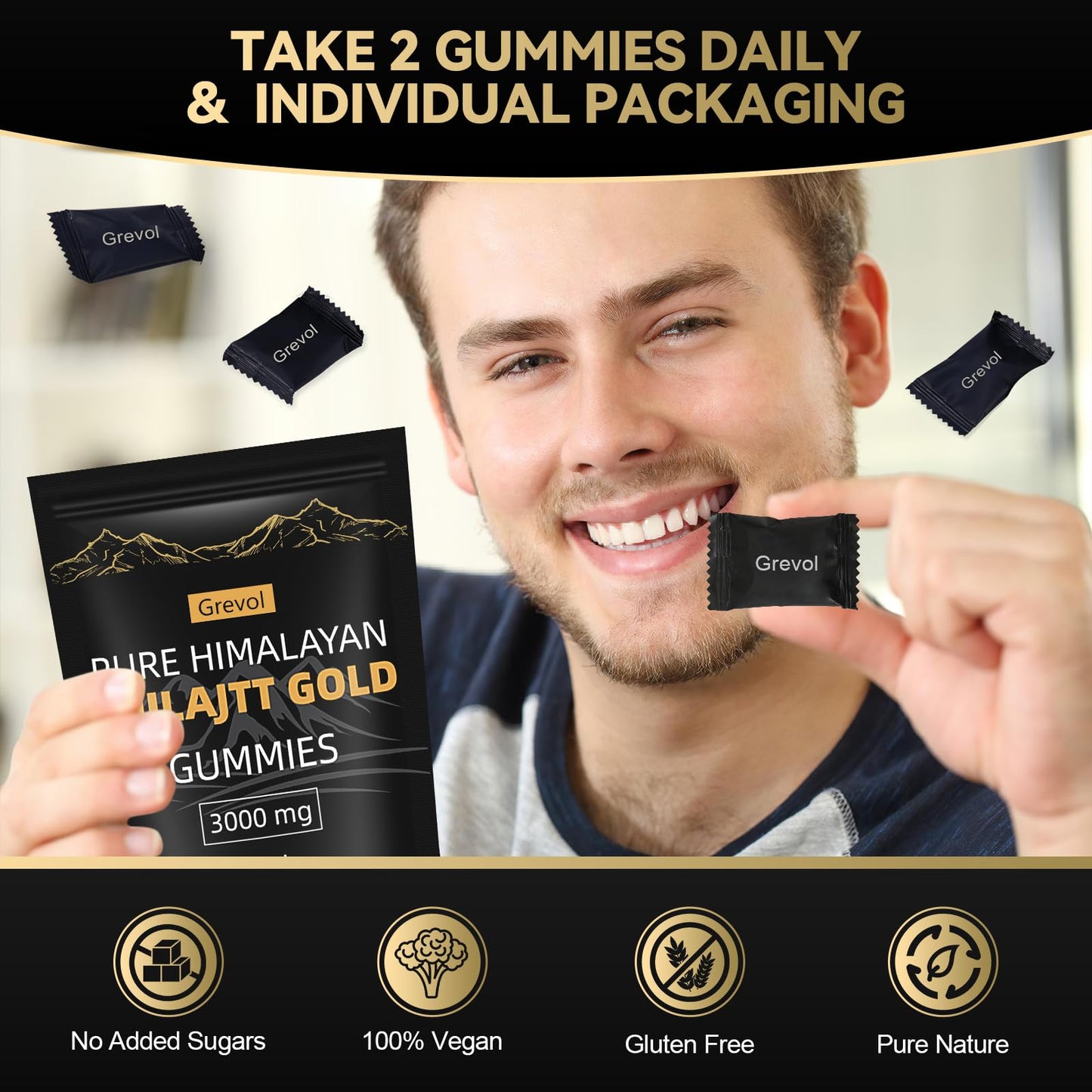 Grevol Himalayan Shilajit Gummies with Ashwagandha Fulvic Acid & 85+ Trace Minerals, No Added Sugar, Individually Wrapped, 120 Gummies