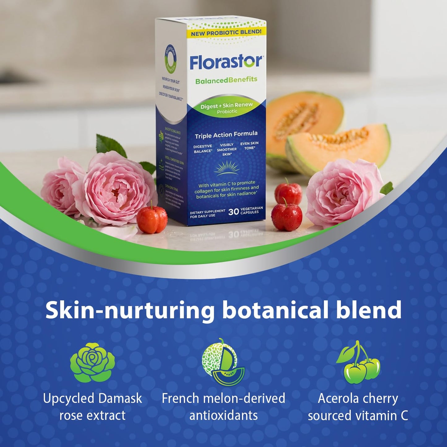 Florastor Digest + Skin Renew Probiotic Capsule, 30 Count