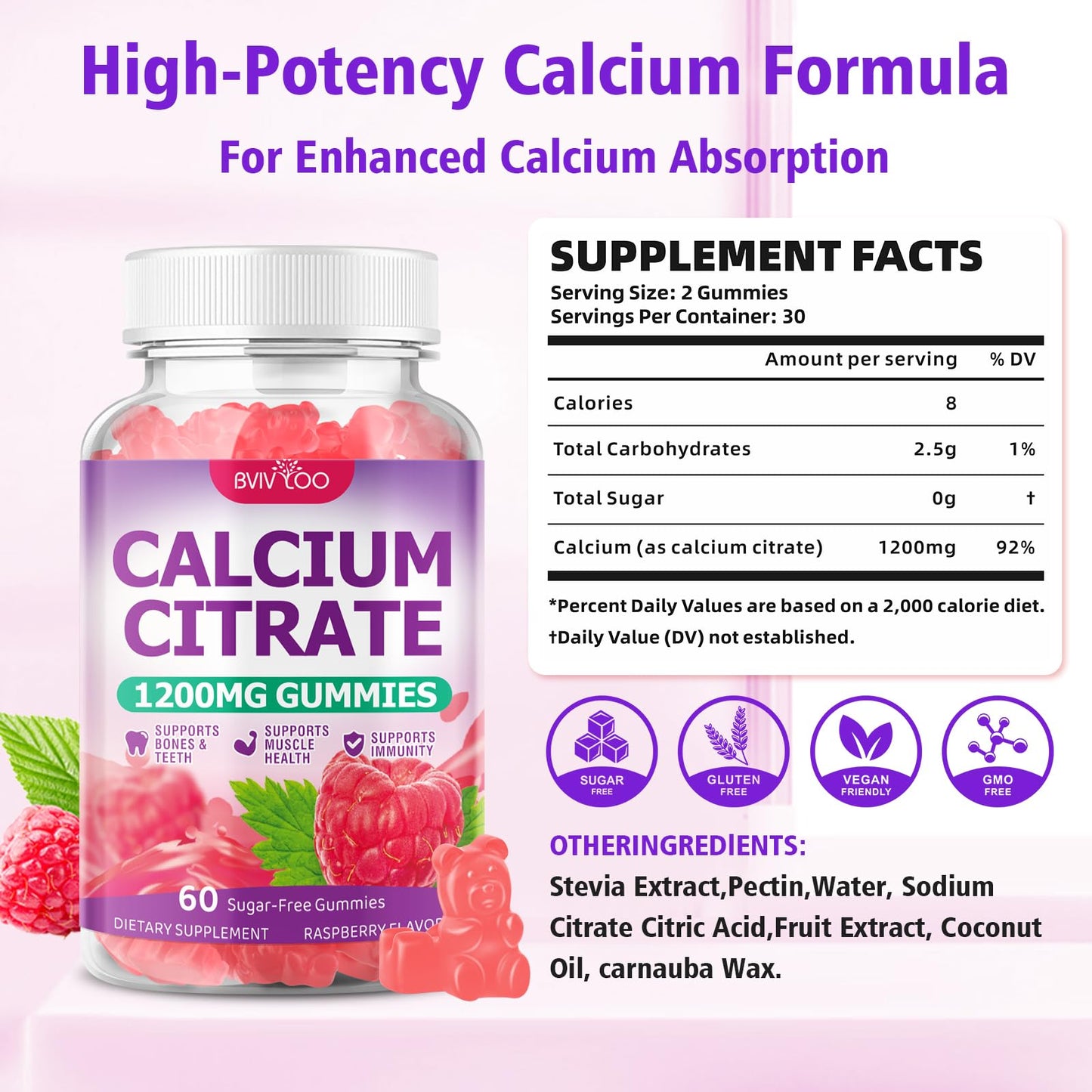 BVIVLOO Calcium Citrate Gummies 1200mg, 2-Pack