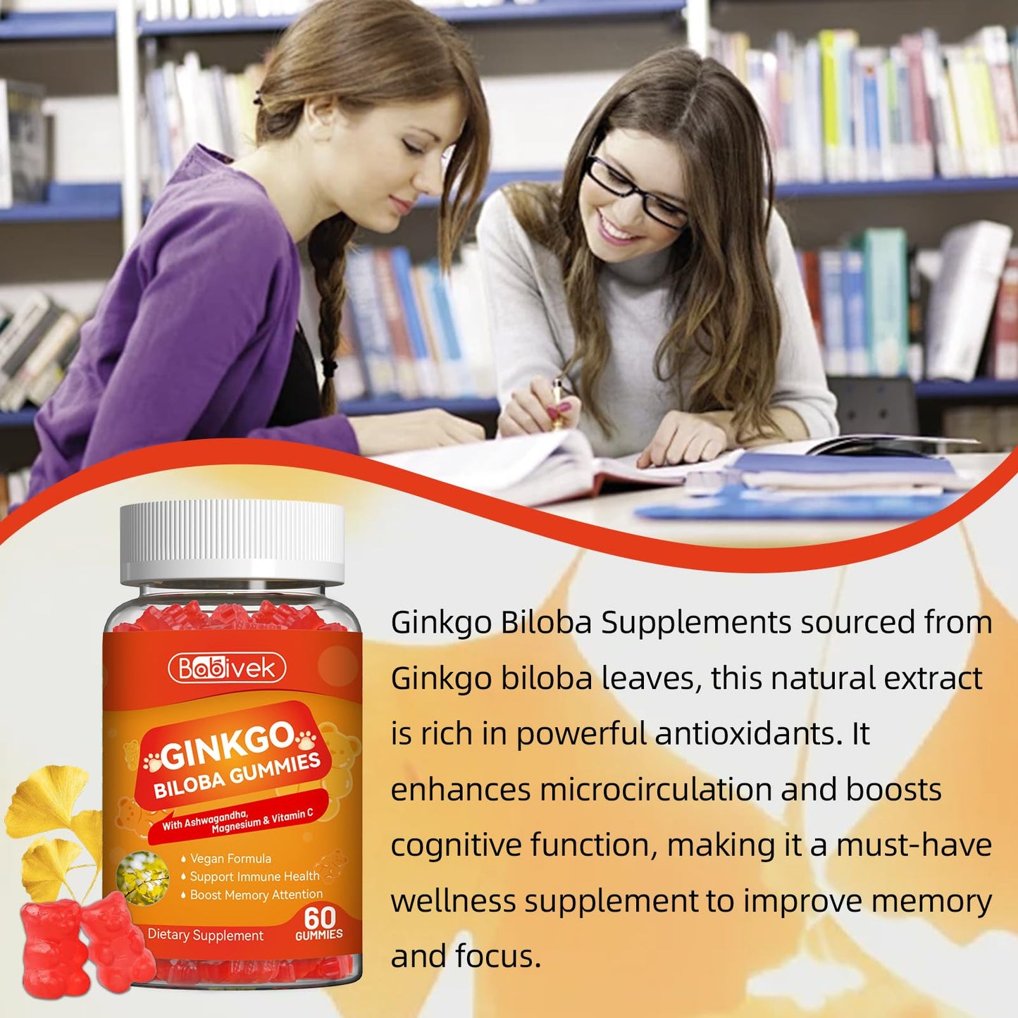 Babivek Ginkgo Biloba Gummies with Ashwagandha, Vitamin C & Magnesium, 120 Count