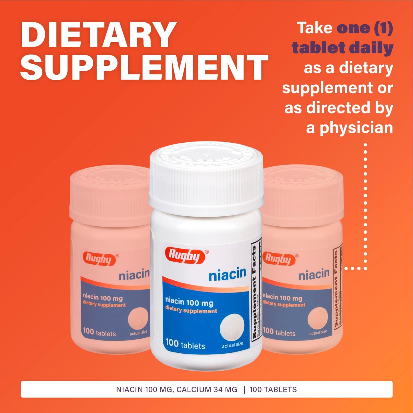 Rugby Niacin 100mg Tablet with Calcium Dietary Supplement, 100 Count