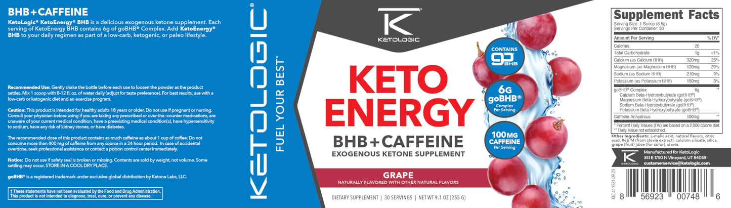 Ketologic BHB KetoEnergy Exogenous Ketones Powder with Caffeine (Grape) 8.9 Ounce