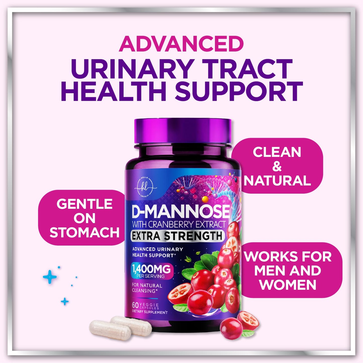 Hello Lovely! D-Mannose 1300mg with Cranberry Capsules, 60 Capsules