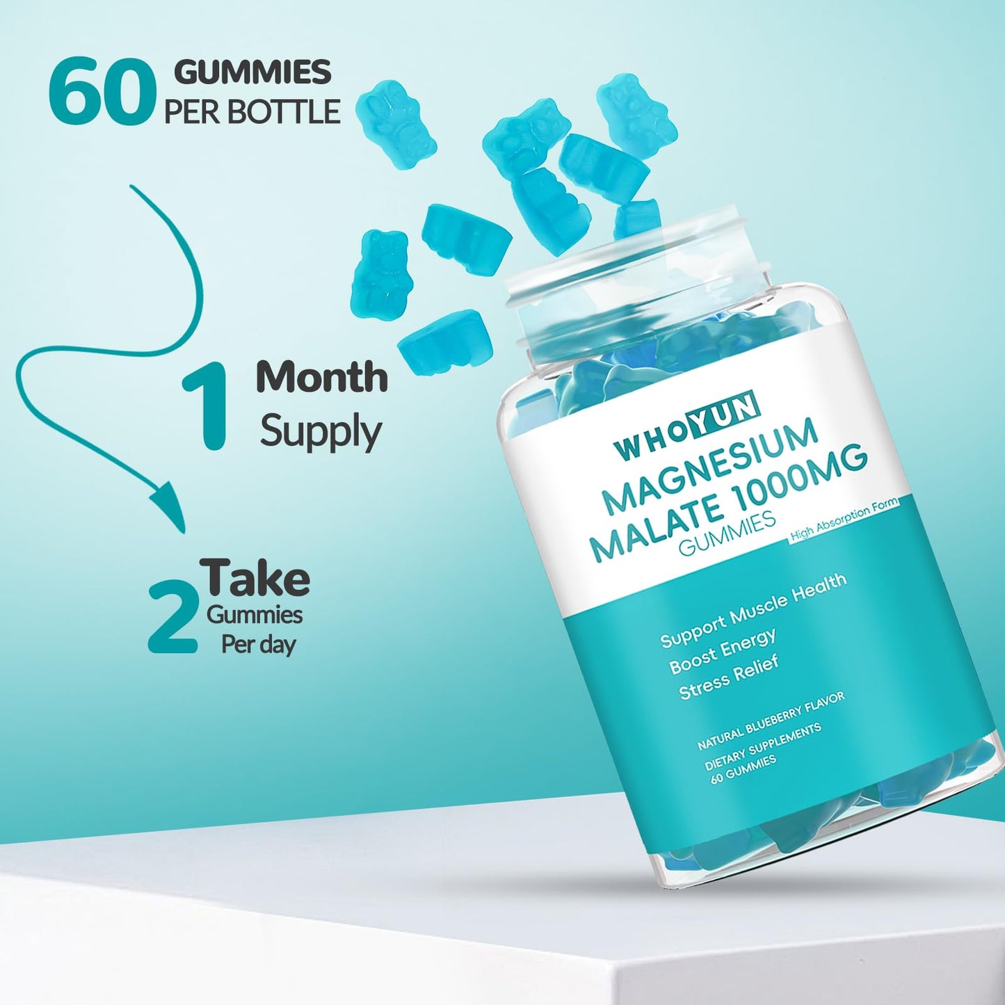 Whoyun Magnesium Malate Gummies 1000mg, 60 Count