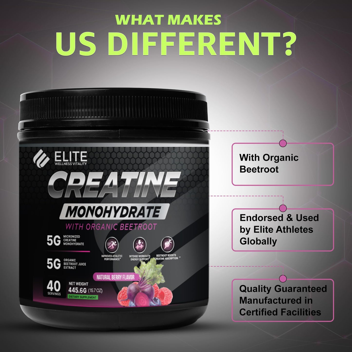Elite Wellness Vitality Berry Flavor Creatine Monohydrate with Organic Beetroot Supplement Powder 40