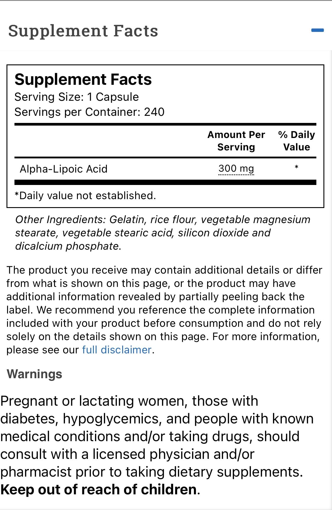 Vitacost Brand Alpha Lipoic Acid Capsule 240 Count