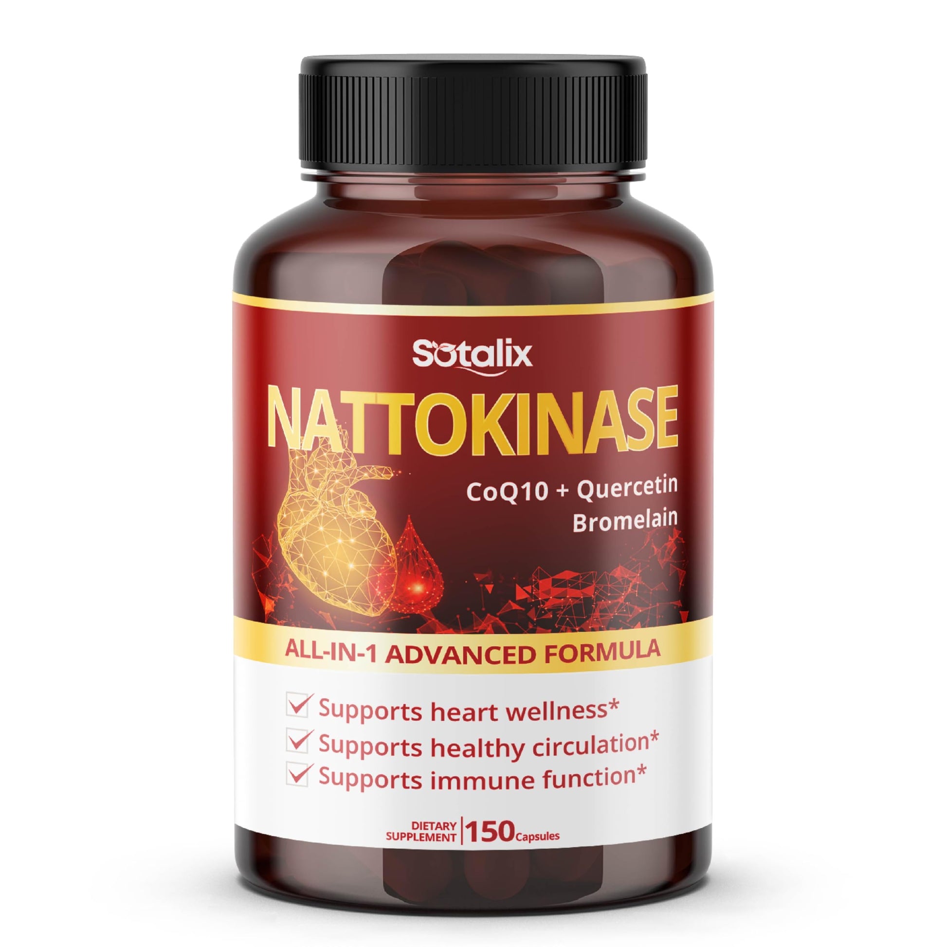 SOTALIX SUPPLEMENT Nattokinase with CoQ10 + Red Yeast Rice Quercetin + Bromelain - Immune Booster Capsule, 150 Capsules
