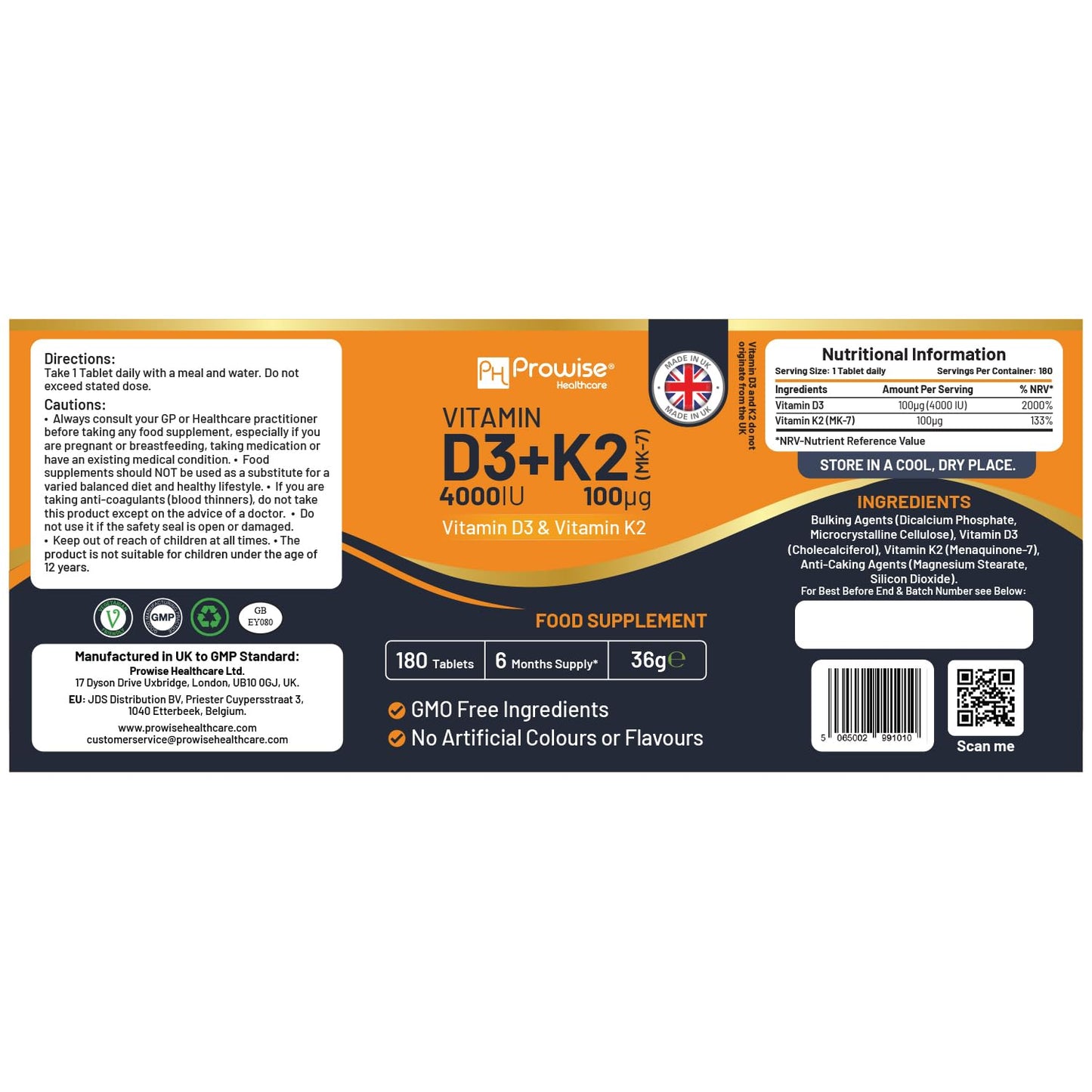 PH PROWISE Healthcare Vitamin D3 4000IU & K2 MK7 100µg, 180 Tablets
