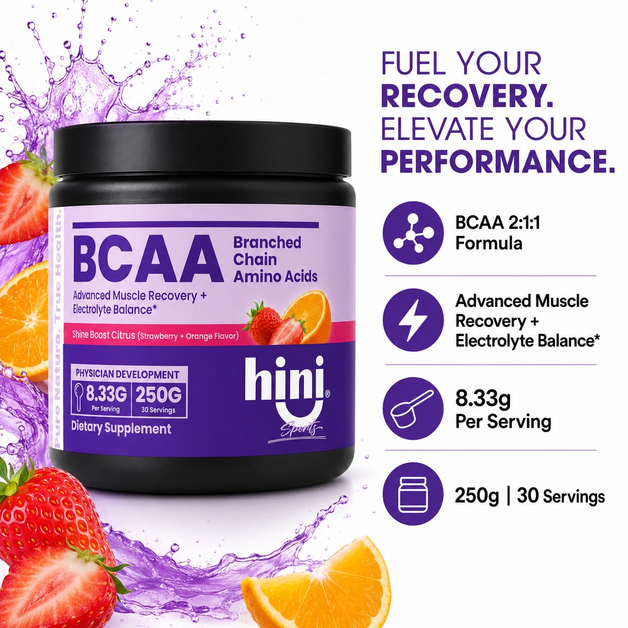 HINI BCAA Powder 6000mg BCAA Blend with Electrolytes, L-Leucine, L-Isoleucine & L-Valine, Strawberry Orange Flavor, 250g, 30 Servings