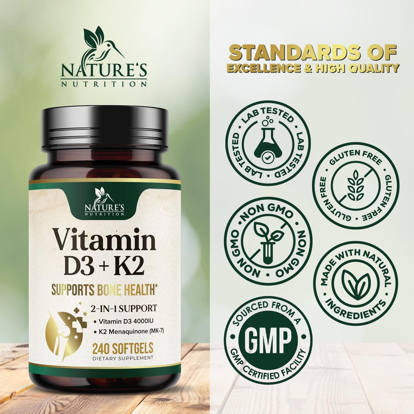 Nature's Nutrition Vitamin D3 & K2 Softgels 4000 IU (100 mcg) per Serving, 2-in-1 for Bone, Heart & Muscle Support, Immune Support & Calcium Absorption with Olive Oil, Non-GMO USA Bottled, 240 Softgels