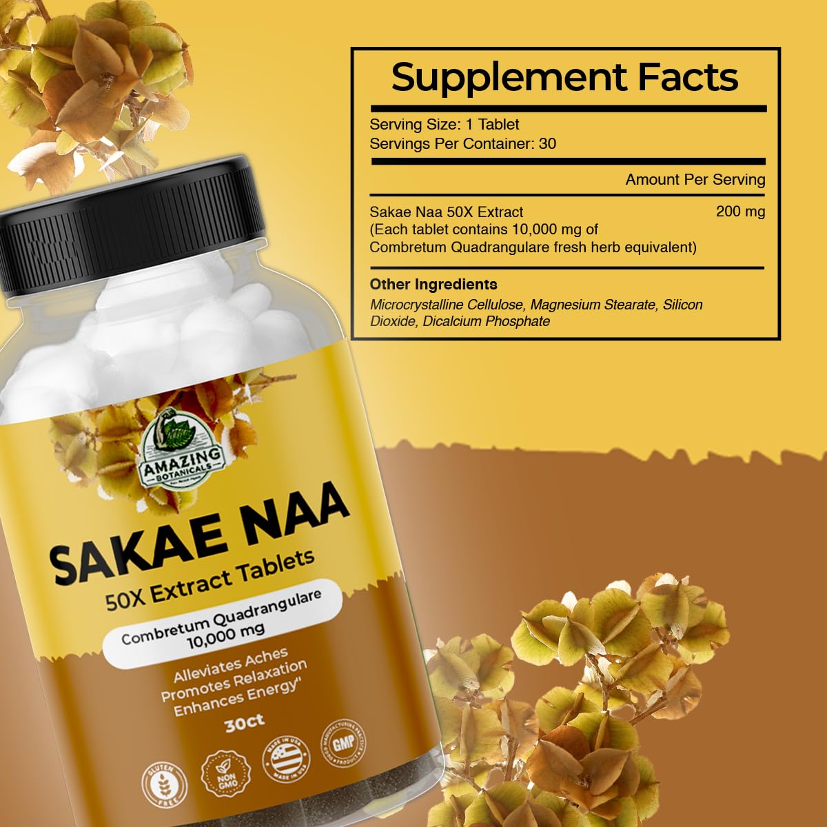 Amazing Botanicals Sakae Naa 50X Extract Tablets High Potency 200mg per Serving Combretum Quadrangulare Promotes Relaxation, Calmness & Focus, 30 Count