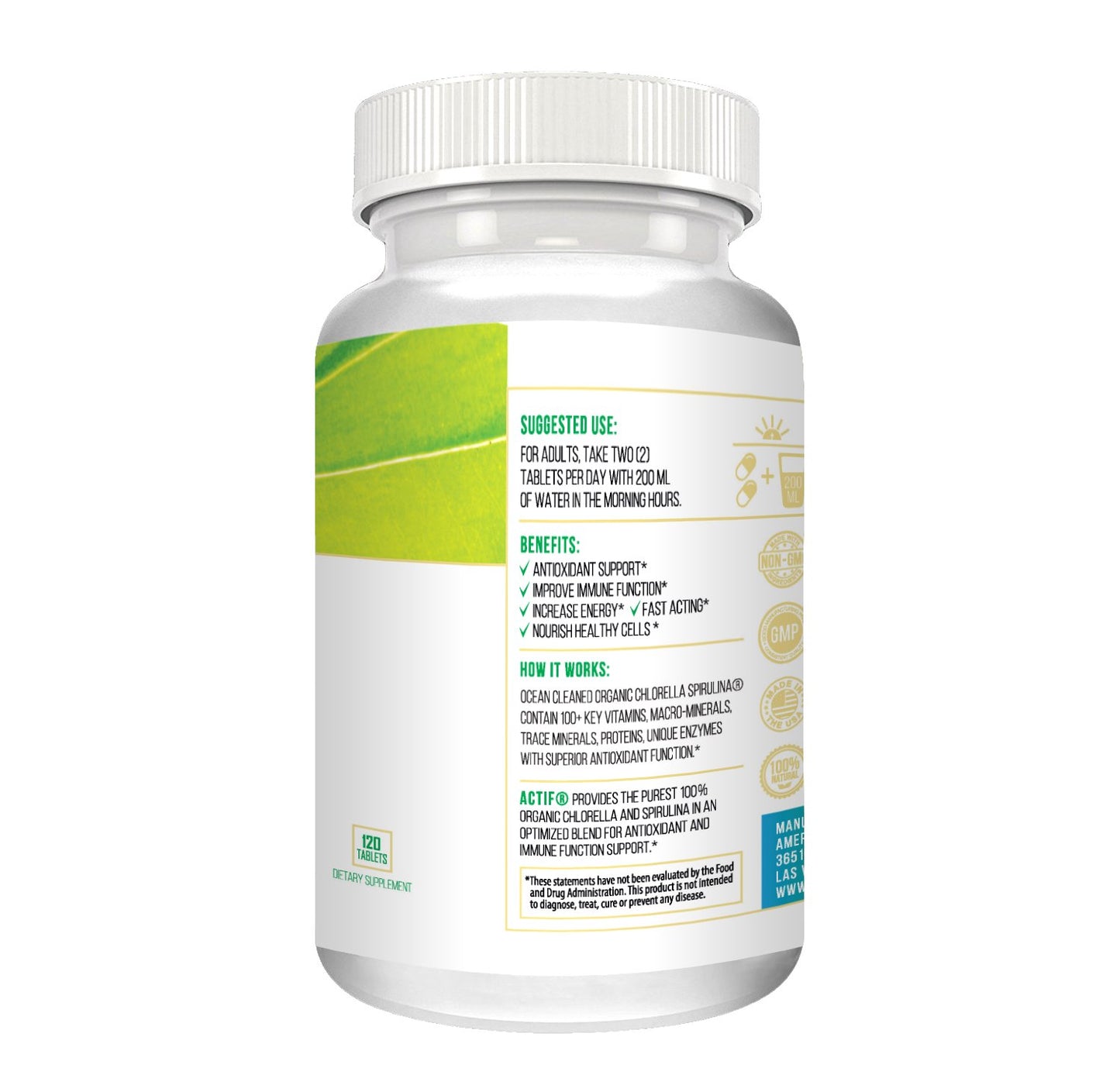 ACTIF 100% Ocean Cleaned Organic Chlorella and Spirulina Tablets 120