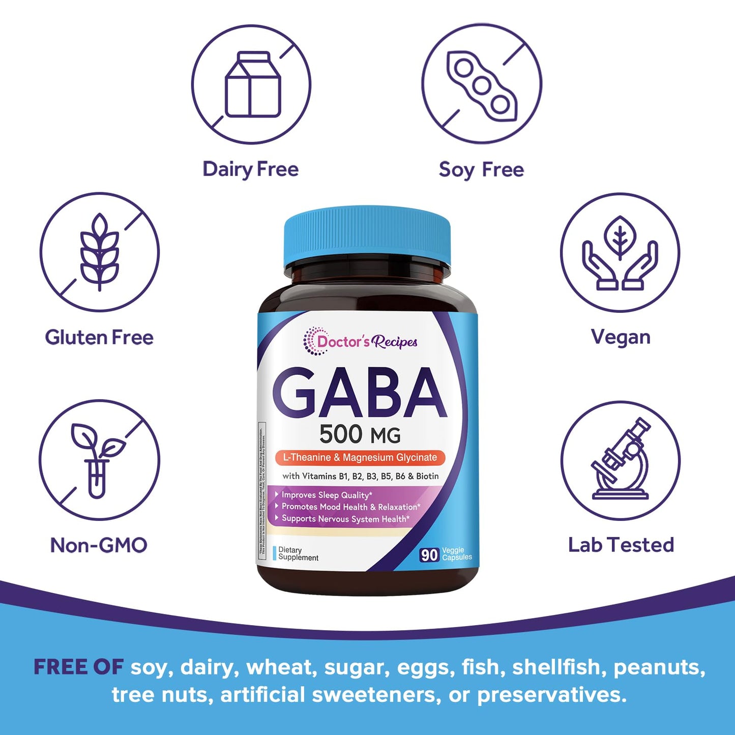 Doctor's Recipes GABA Magnesium Glycinate L-Theanine Supplement 90 Veggie Capsules