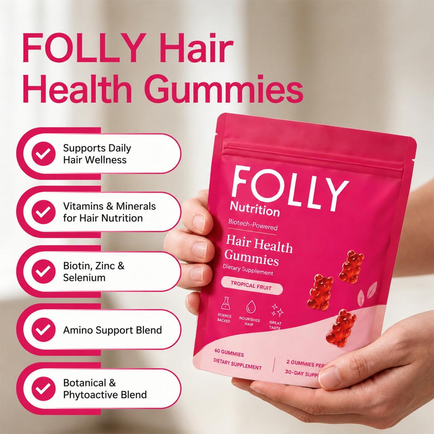Folly Nutrition Hair Growth Gummies for Women, Biotin & Zinc Gummy, 60 Count