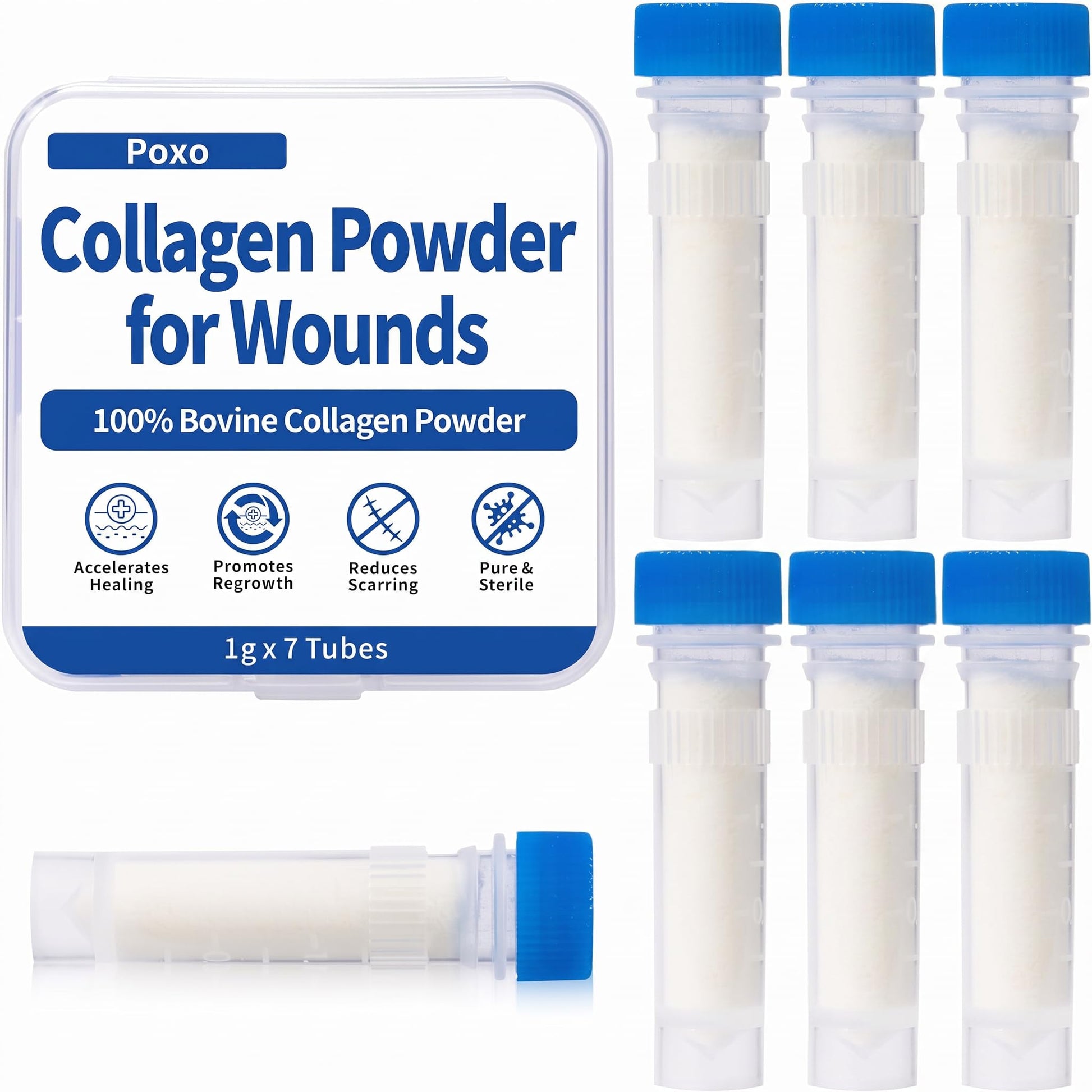 Poxo Collagen Powder for Wounds, 7 Tubes x 1g