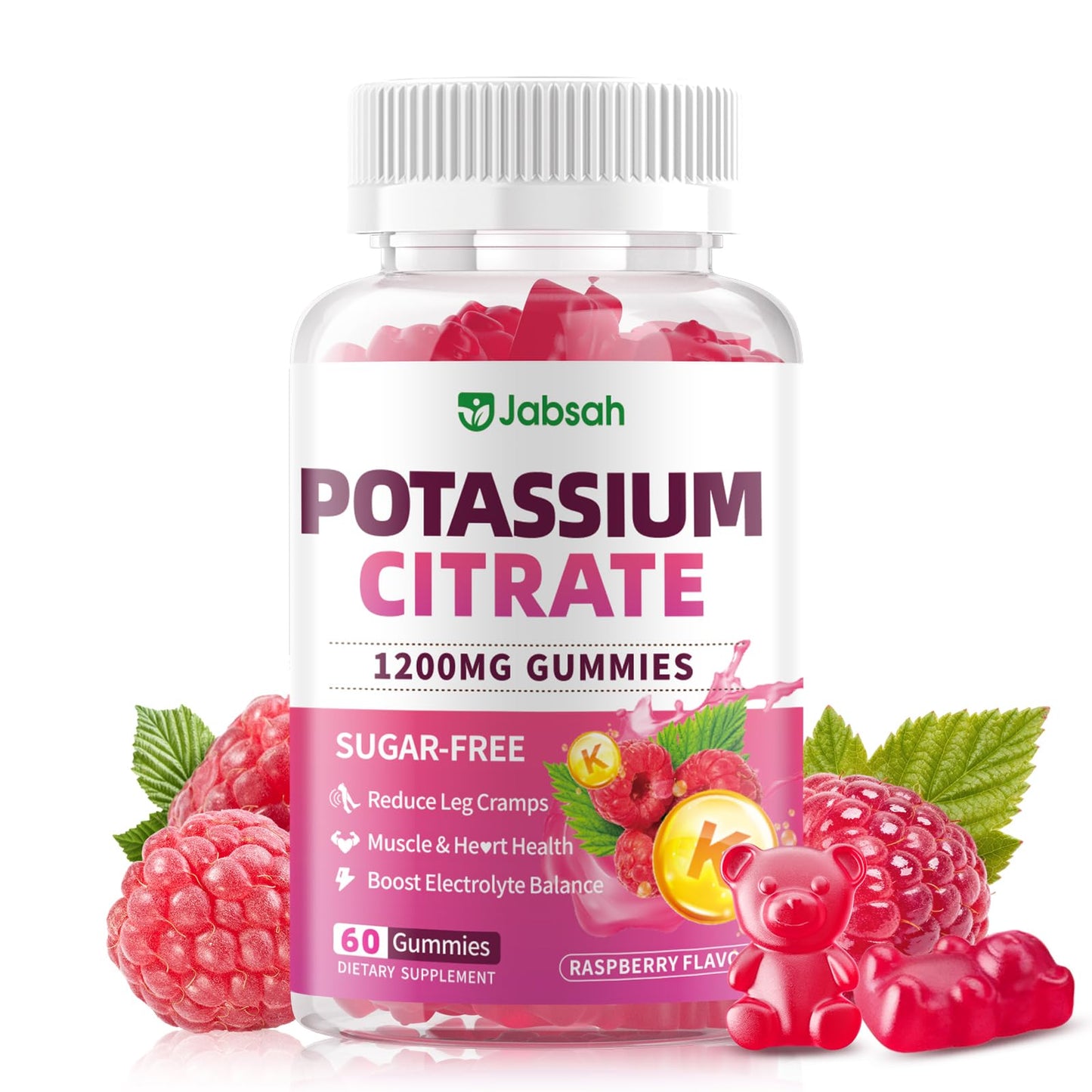 Jabsah Potassium Citrate Gummies 1200mg, Sugar-Free Potassium Supplement, Raspberry Flavor, Vegan, Gluten Free, for Adults, Women & Men, 60 Gummies