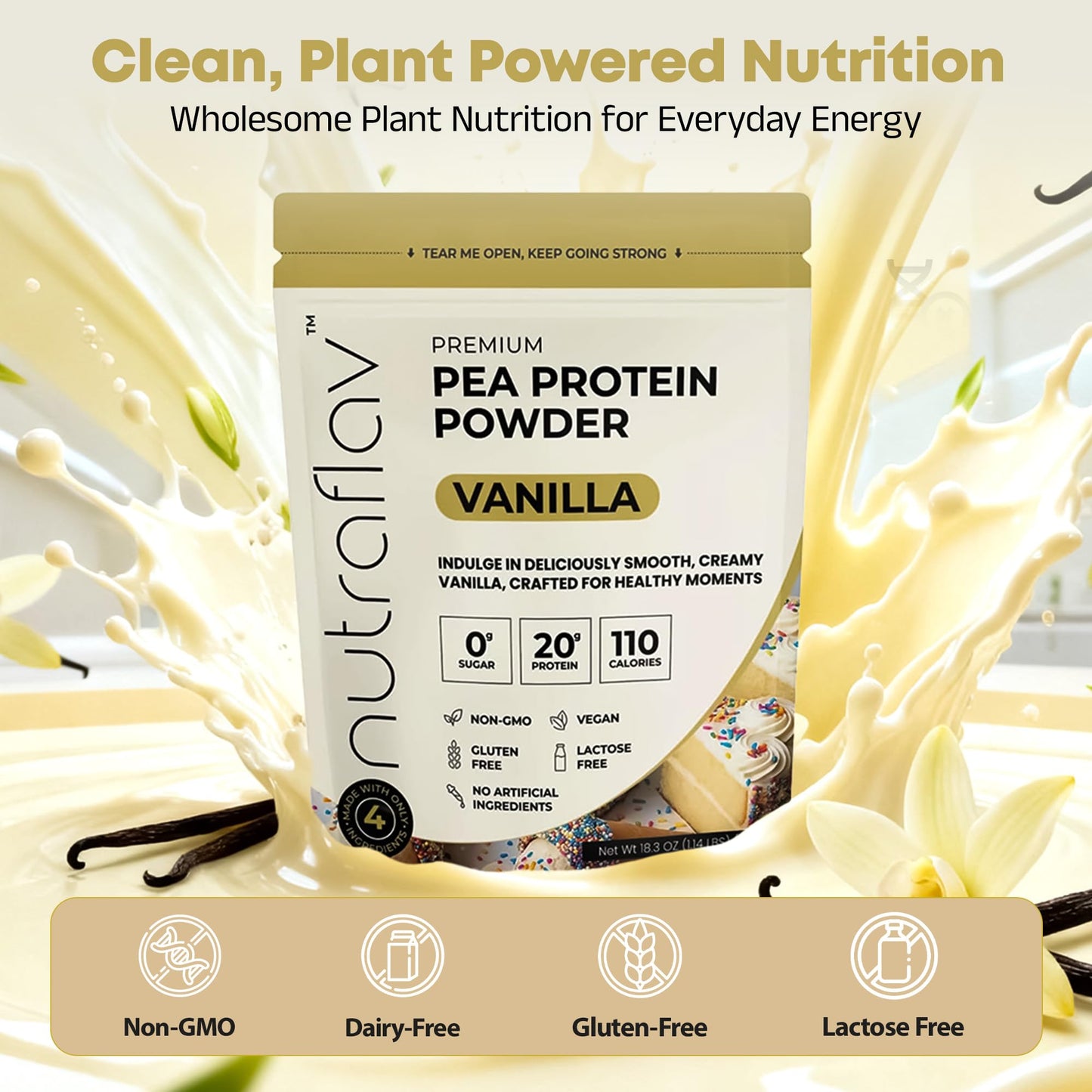 Nutraflav Vanilla Vegan Pea Protein Powder, 18.3 Servings