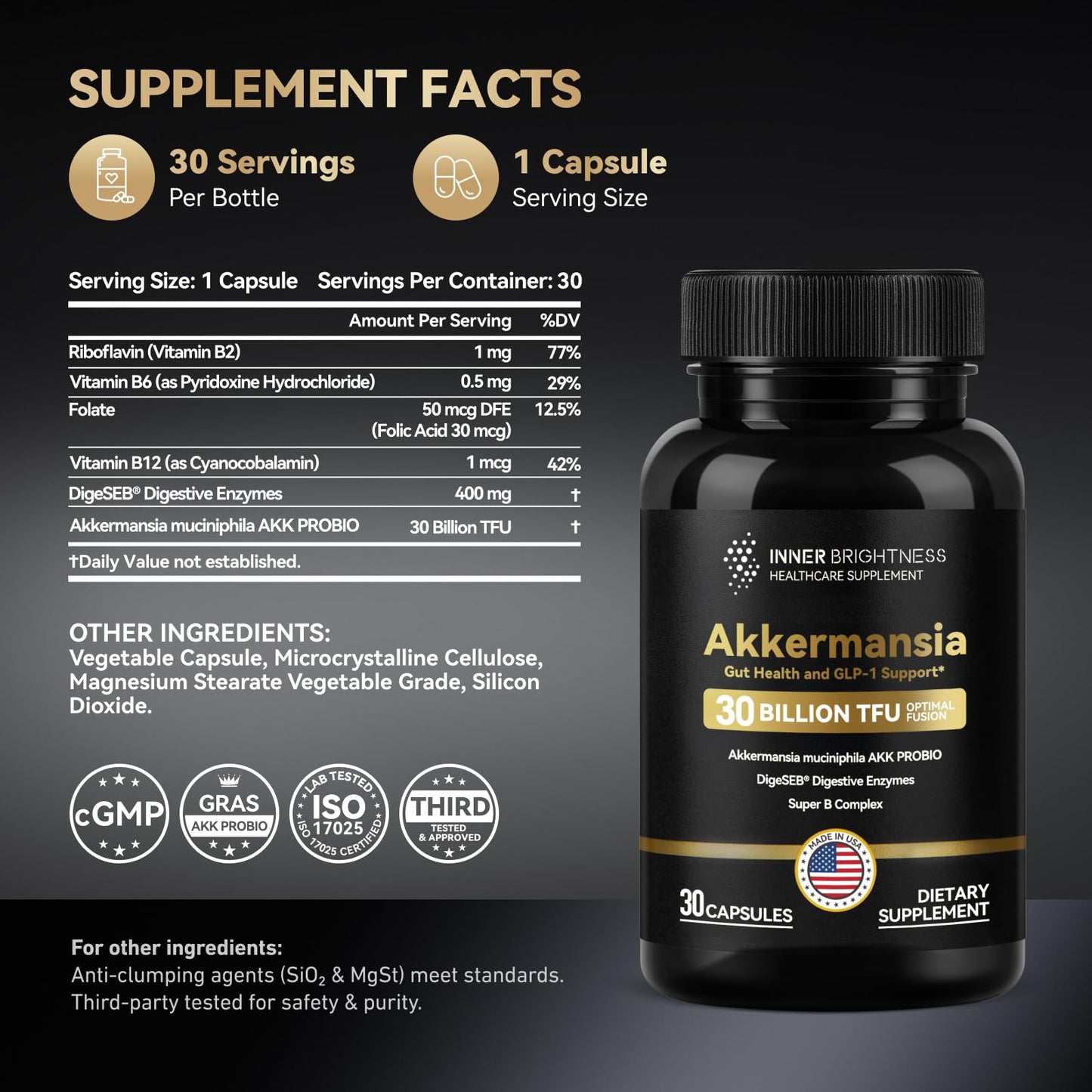 Inner Brightness Akkermansia Probiotic GLP-1 Supplement for Gut Health & Digestion, DigeSEB Digestive Enzymes & Vitamin B Complex - 30 Billion TFU, Third-Party Tested, 30 Capsules