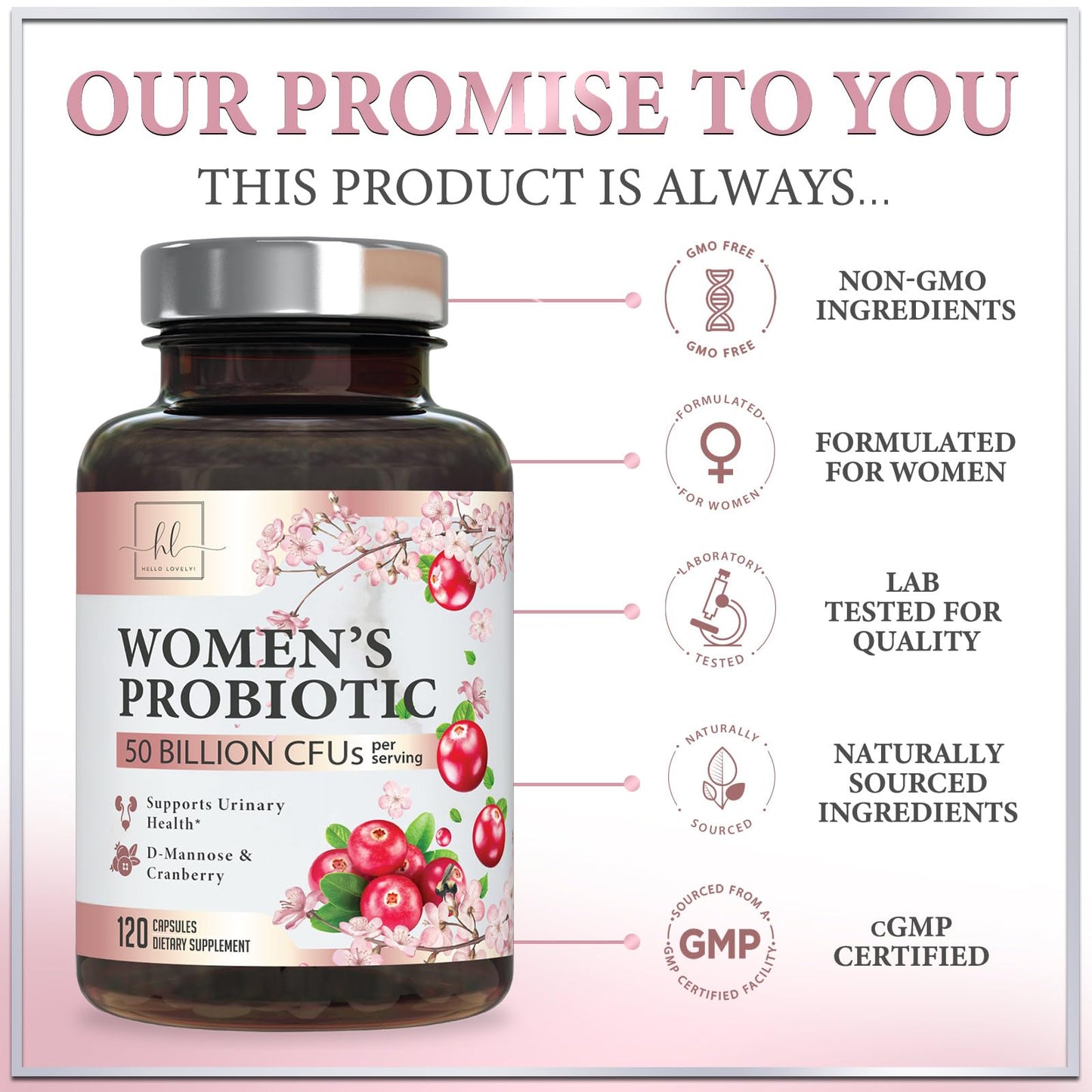 Hello Lovely! Probiotics for Women with Cranberry - 16 Premium Strains for pH Balance - Women Probiotics for Digestive Health, Vaginal & Immune Support - Women's Probiotic Health Capsule, 120