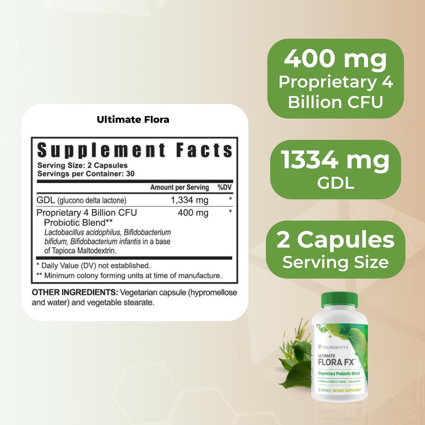 Youngevity Ultimate Flora FX Probiotic Supplement Capsule, 4 Billion CFU, 60 Vegetarian Capsules