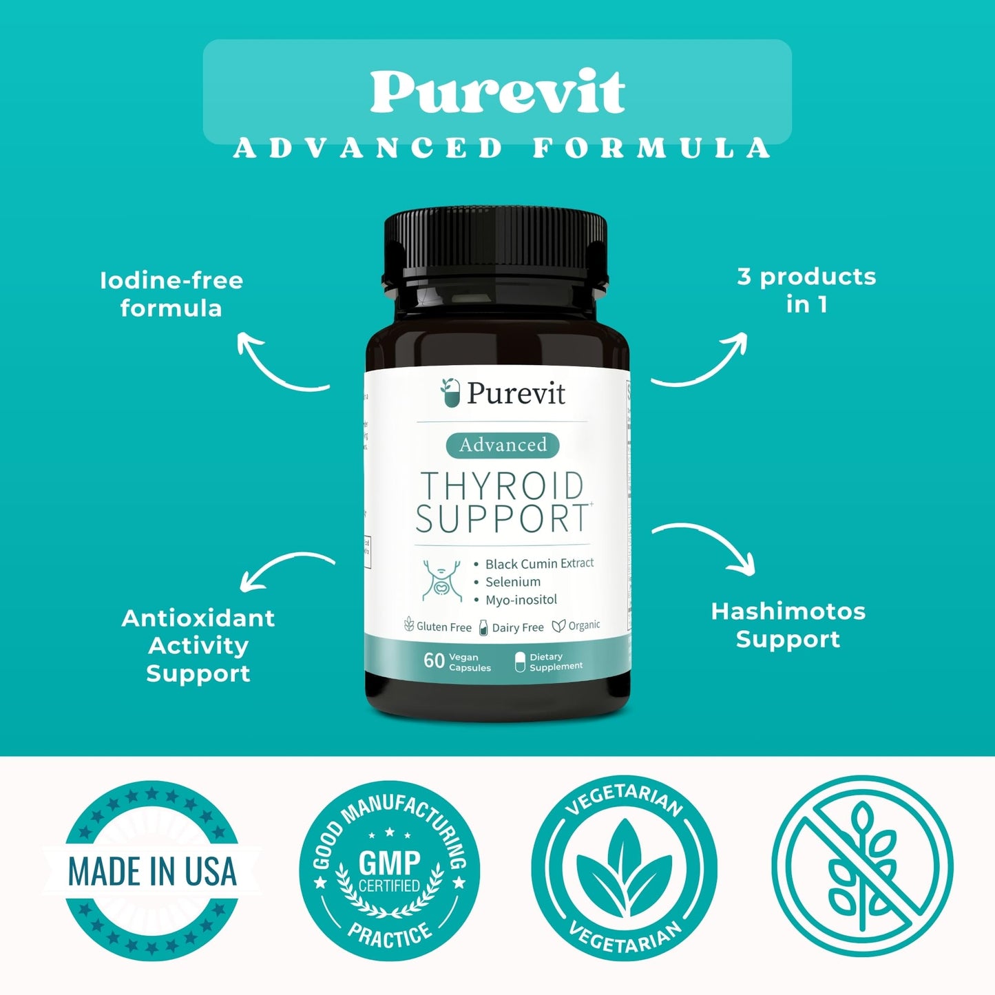 Purevit Advanced Thyroid Support Supplement with Black Cumin Extract, Selenium, Myo-inositol, Thyroid Support for Hashimotos and Hypothyroidism, 60 Capsules