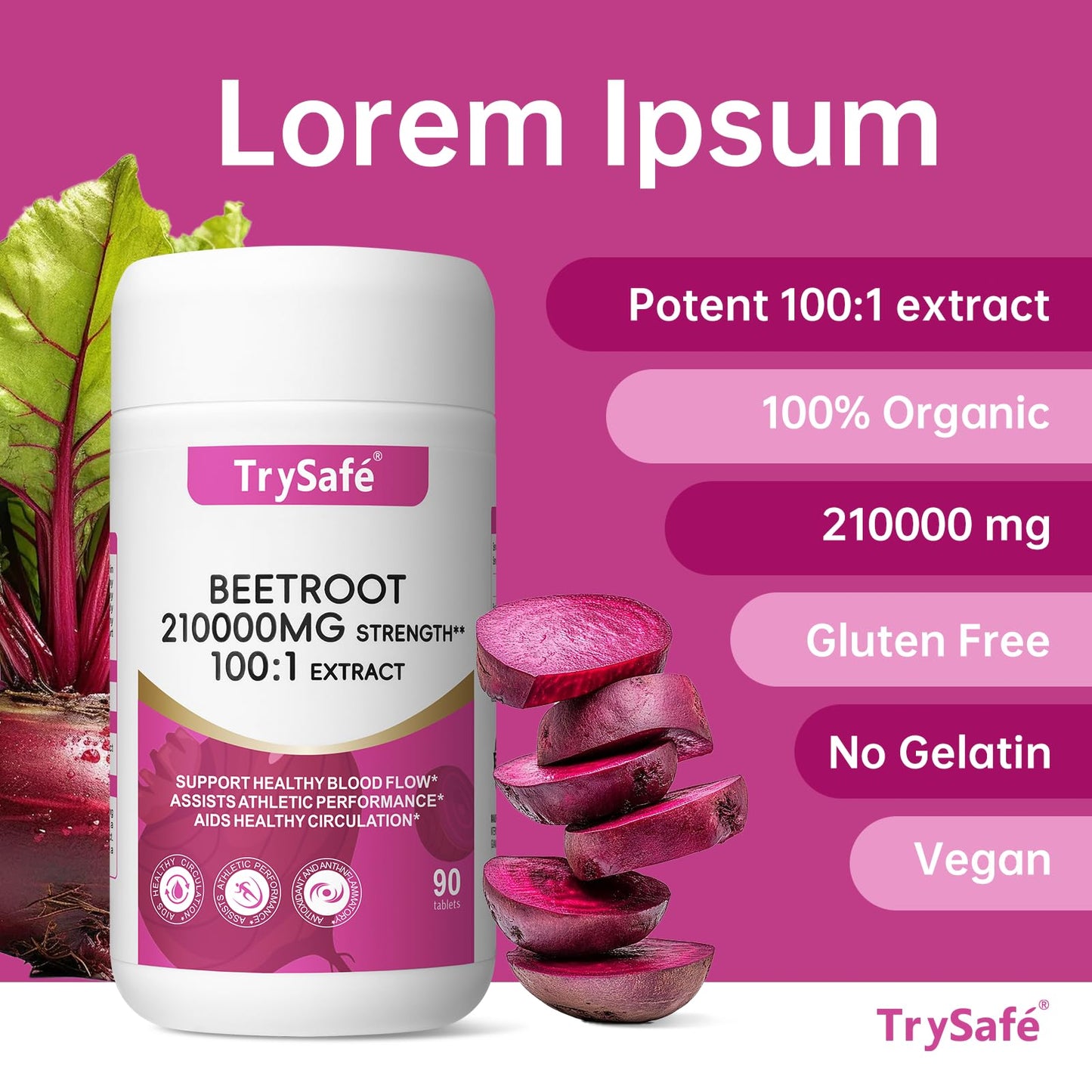 TrySafe Organic Beet Root 210000 mg Strength 100:1 Extract Tablets, 90 Count