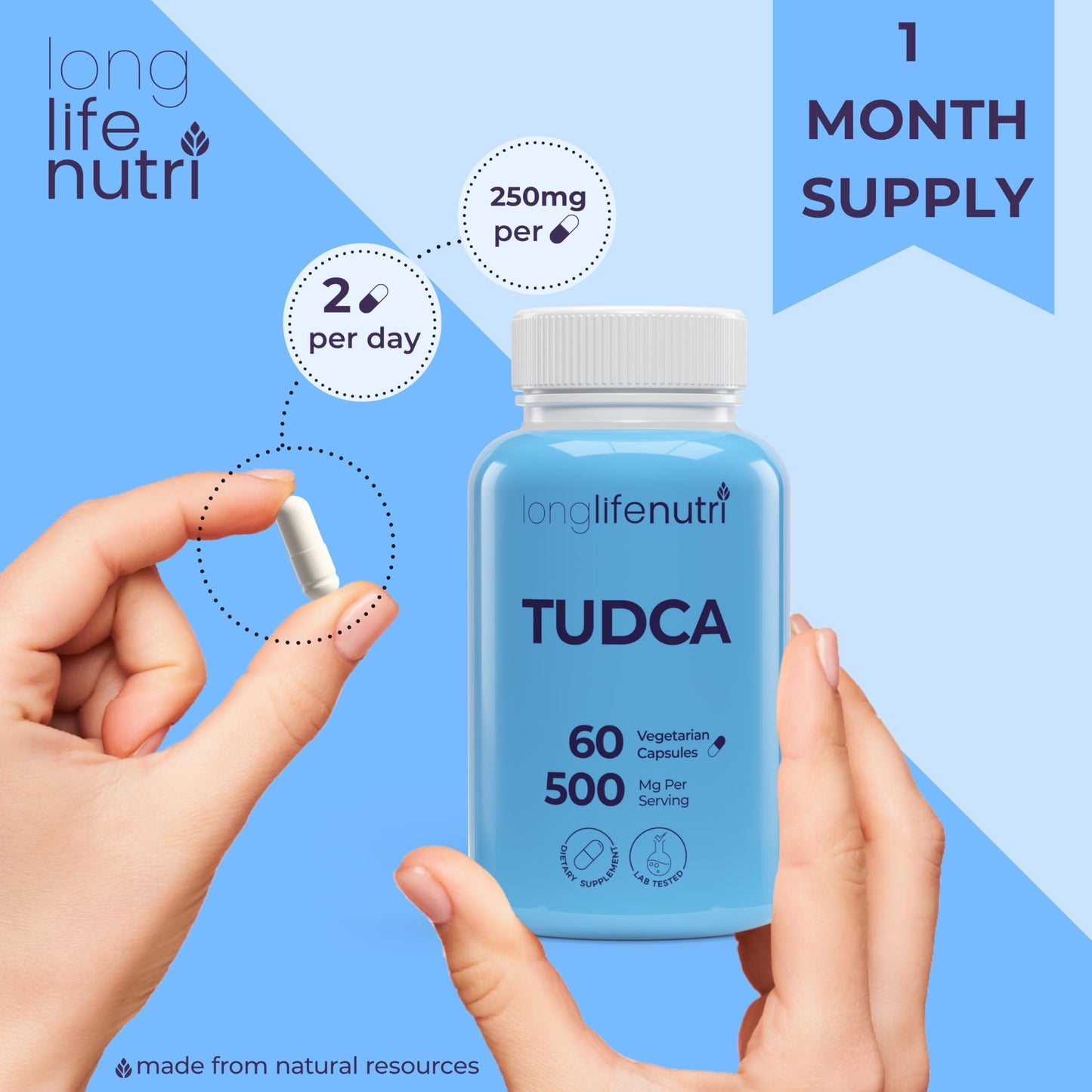 LongLifeNutri TUDCA Tauroursodeoxycholic Acid Bile Salt 500mg per Serving, 60 Vegetarian Capsules