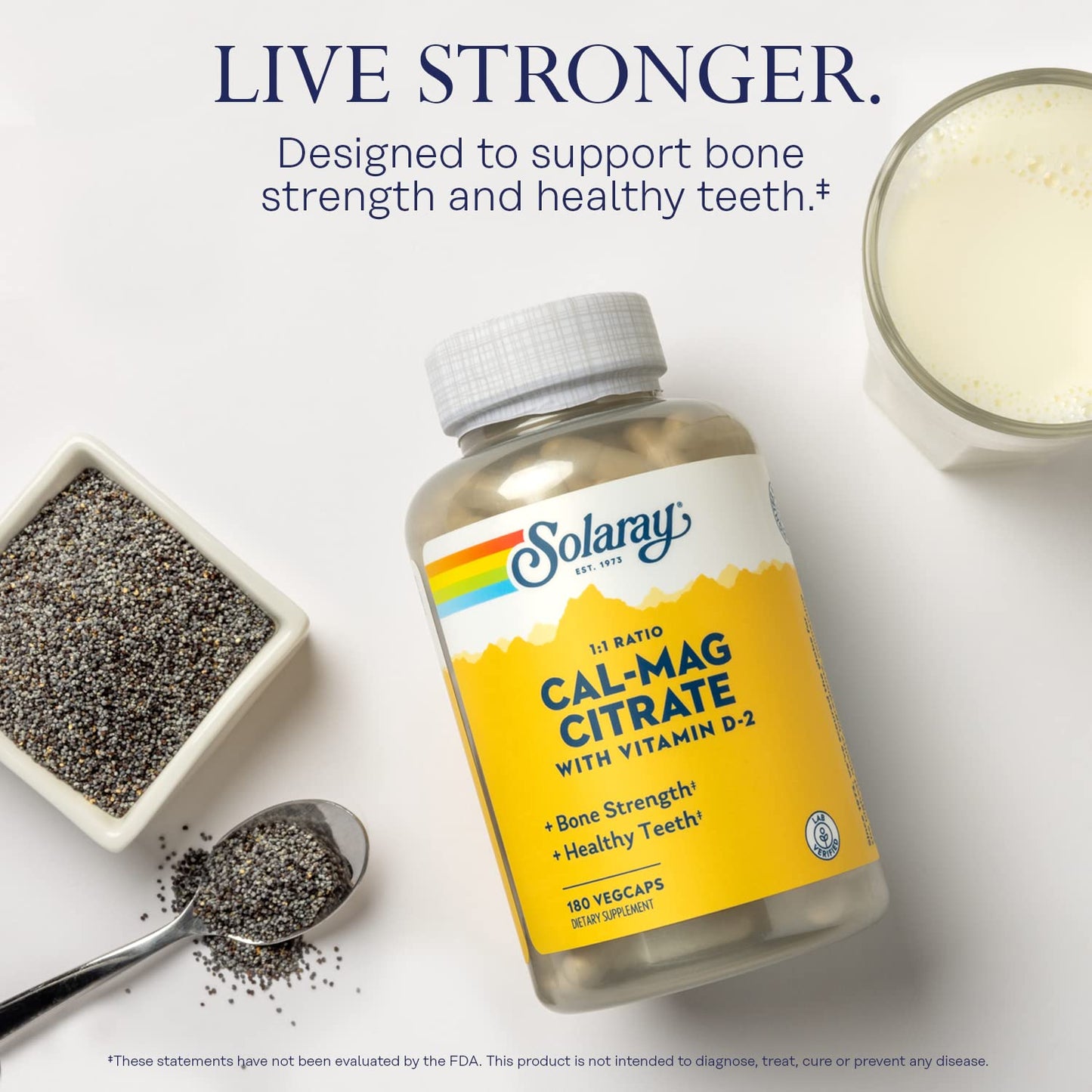 SOLARAY Calcium Magnesium Citrate 1:1 Ratio with Vitamin D - Calcium 1000mg, Magnesium 1000mg - Capsule, 180 VegCaps