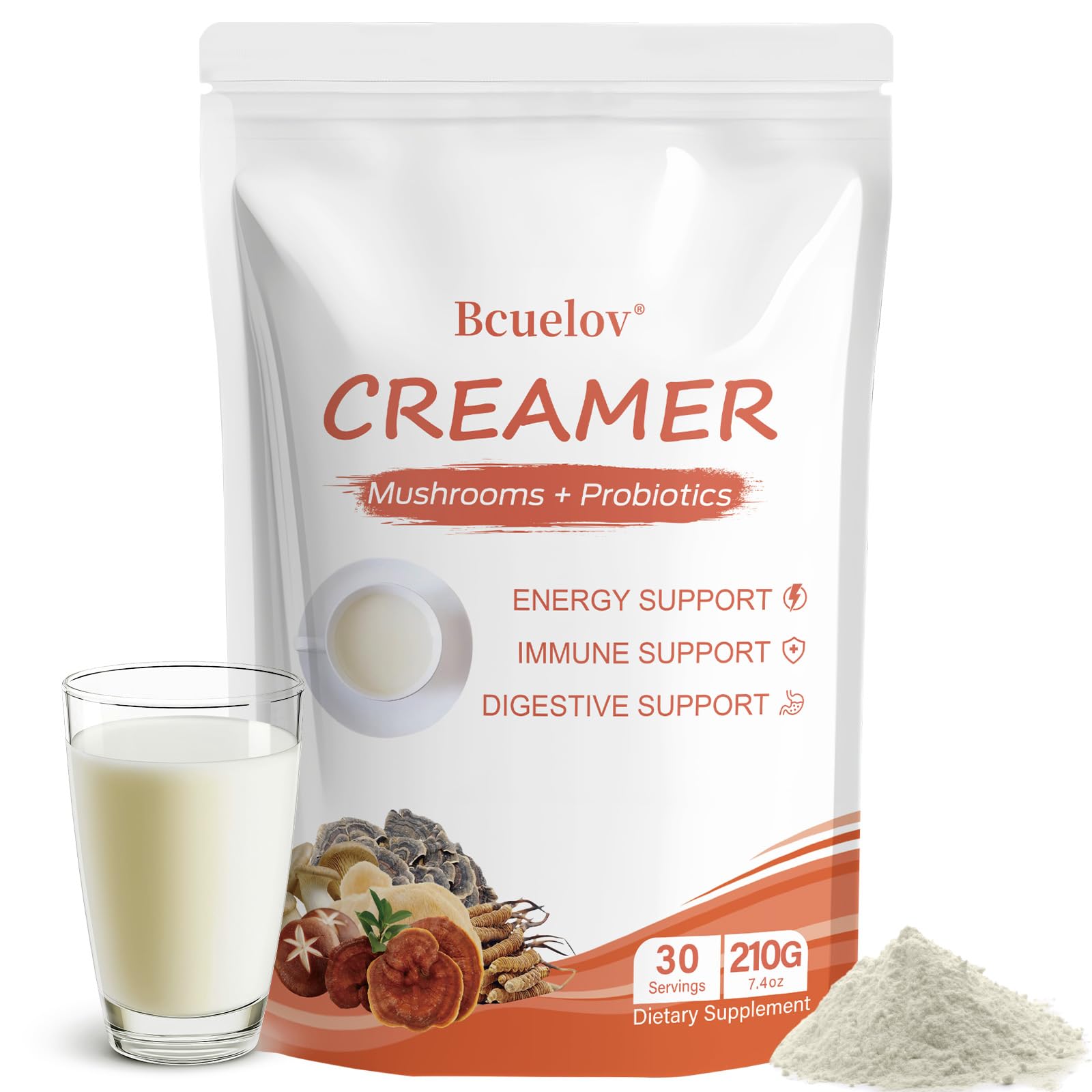 Bcuelov Mushroom Coffee Creamer Powder with 6 Adaptogenic Mushrooms & Probiotics, 7.4 oz