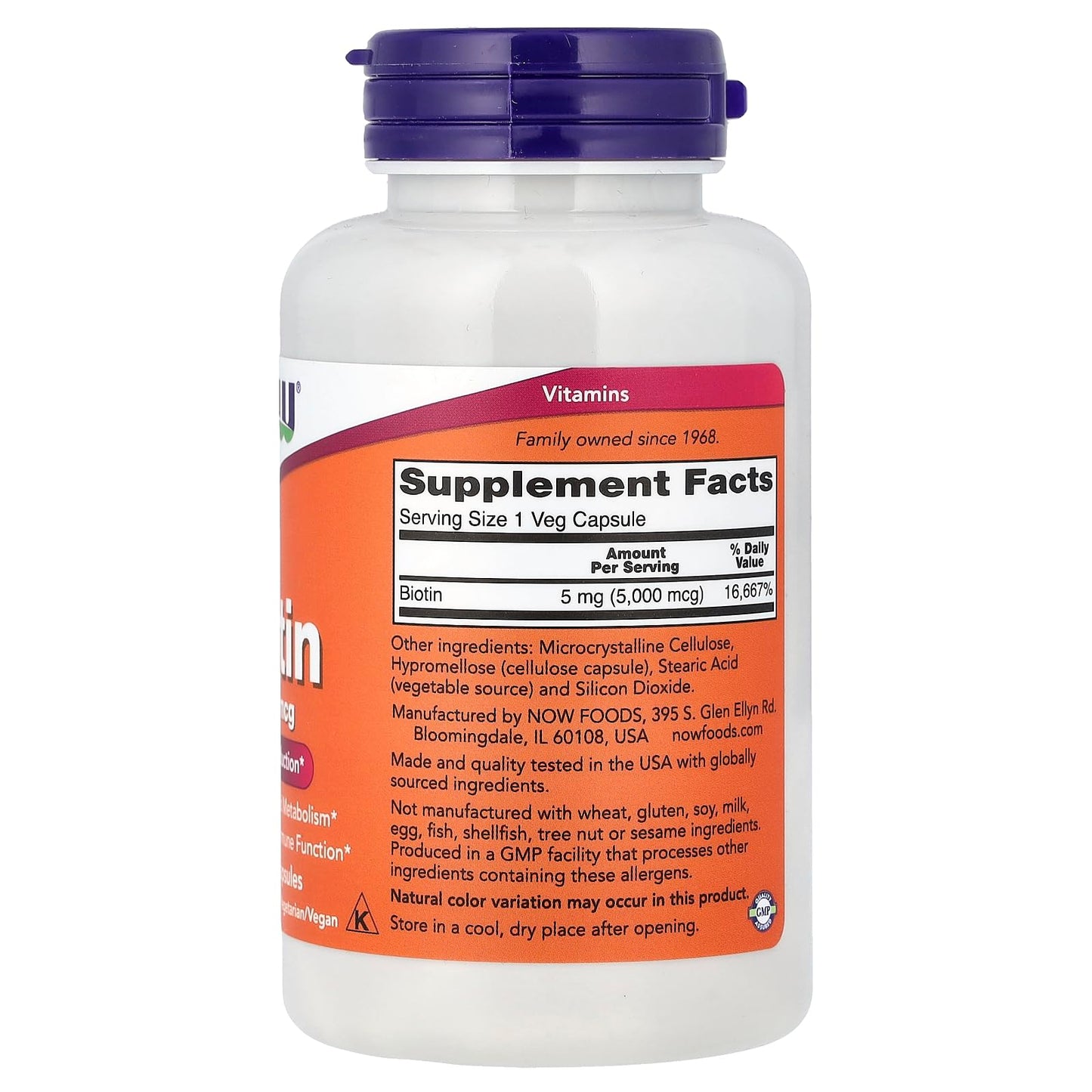 NOW Foods Biotin 5 mg Vegetarian Capsules, 120 Capsules