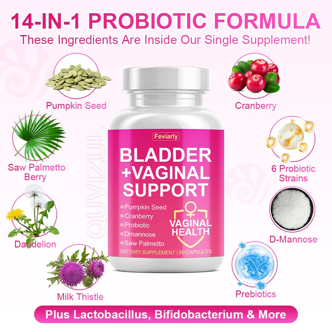 Feviarly Bladder Control Supplement for Women, Daily Urinary & Vaginal Support with Cranberry, Pumpkin Seeds, Probiotics, D-mannose, Saw Palmetto 60 Capsules