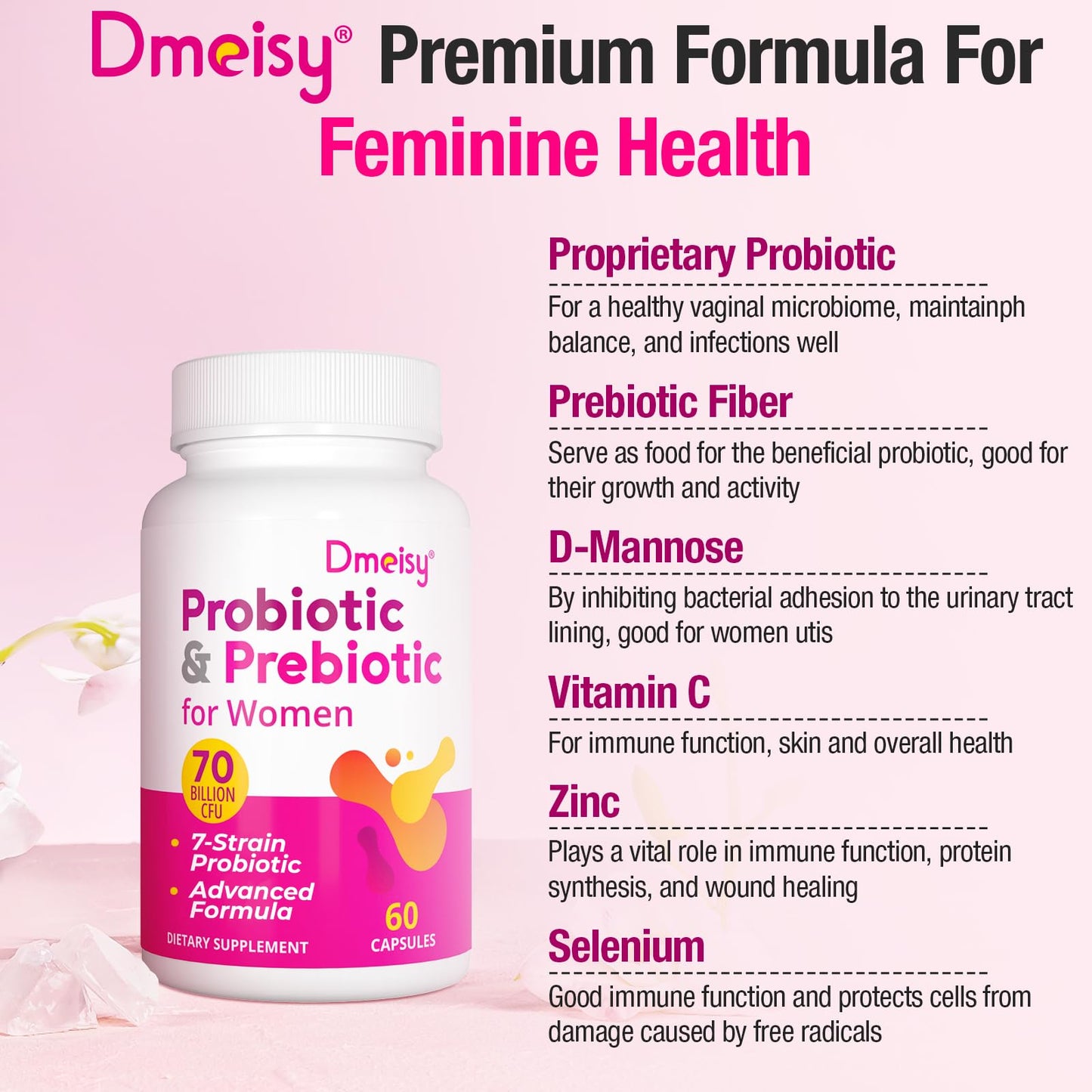 Dmeisy Vaginal Probiotics 70 Billion CFU Probiotics for Women, 13-in-1 Women's Probiotic & Organic Prebiotics, 120 Capsules
