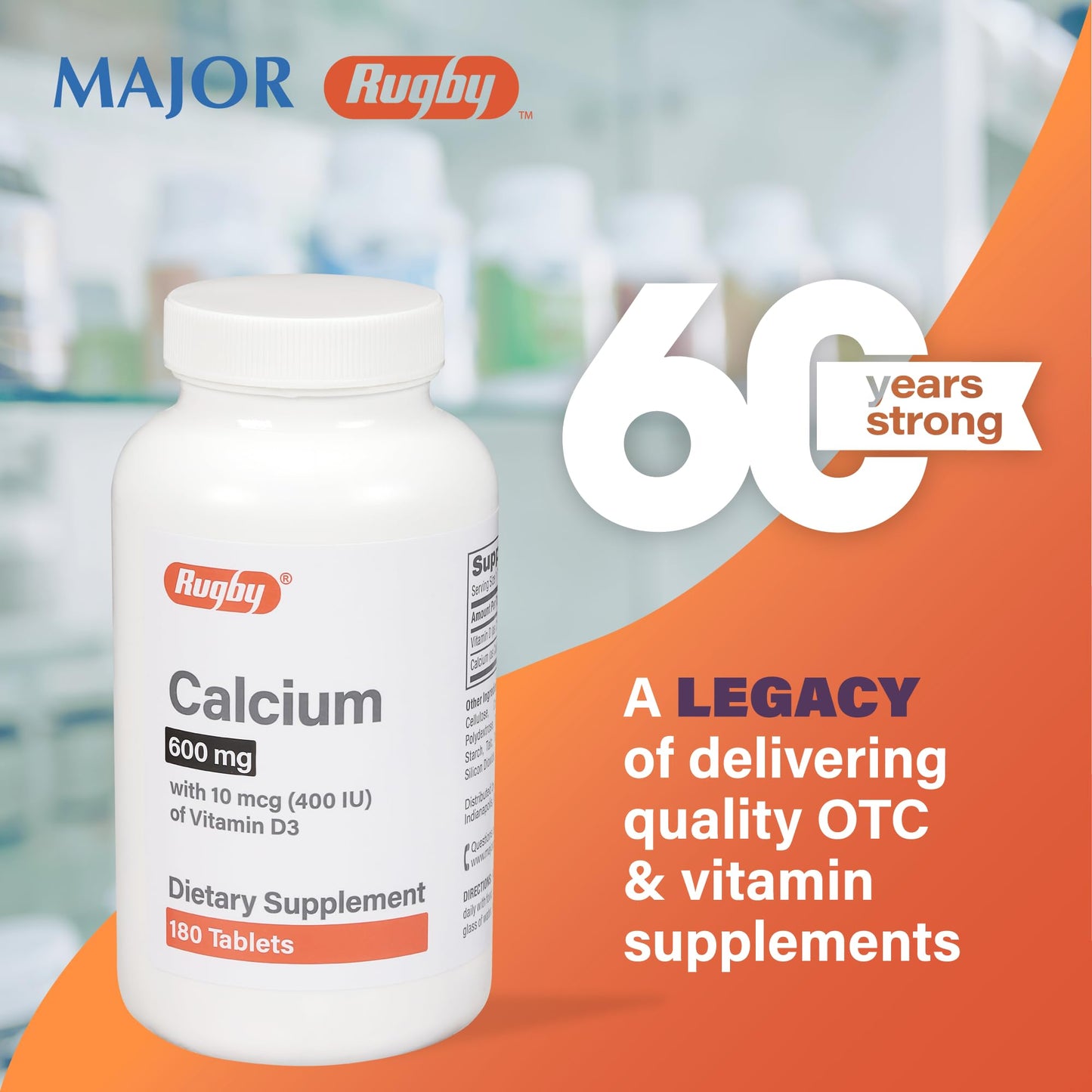 Rugby Laboratories Calcium Tablets 600mg with Vitamin D3 400IU (10mcg) 180 Tablets