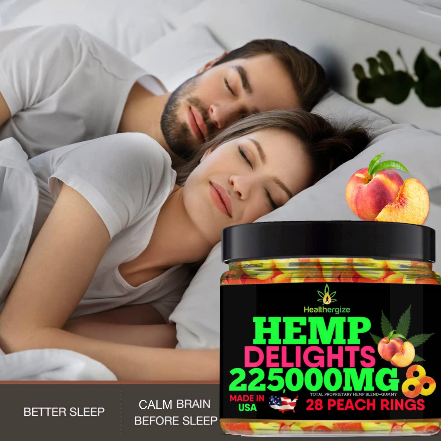 Healthergize Hemp Gummies for Deep Sleep Peach Rings Premium Hempseed Oil Gummy, 28 Count