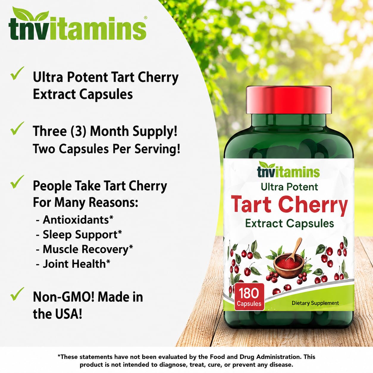 tnvitamins Tart Cherry 400 mg 30:1 Extract Capsules, 180 Count