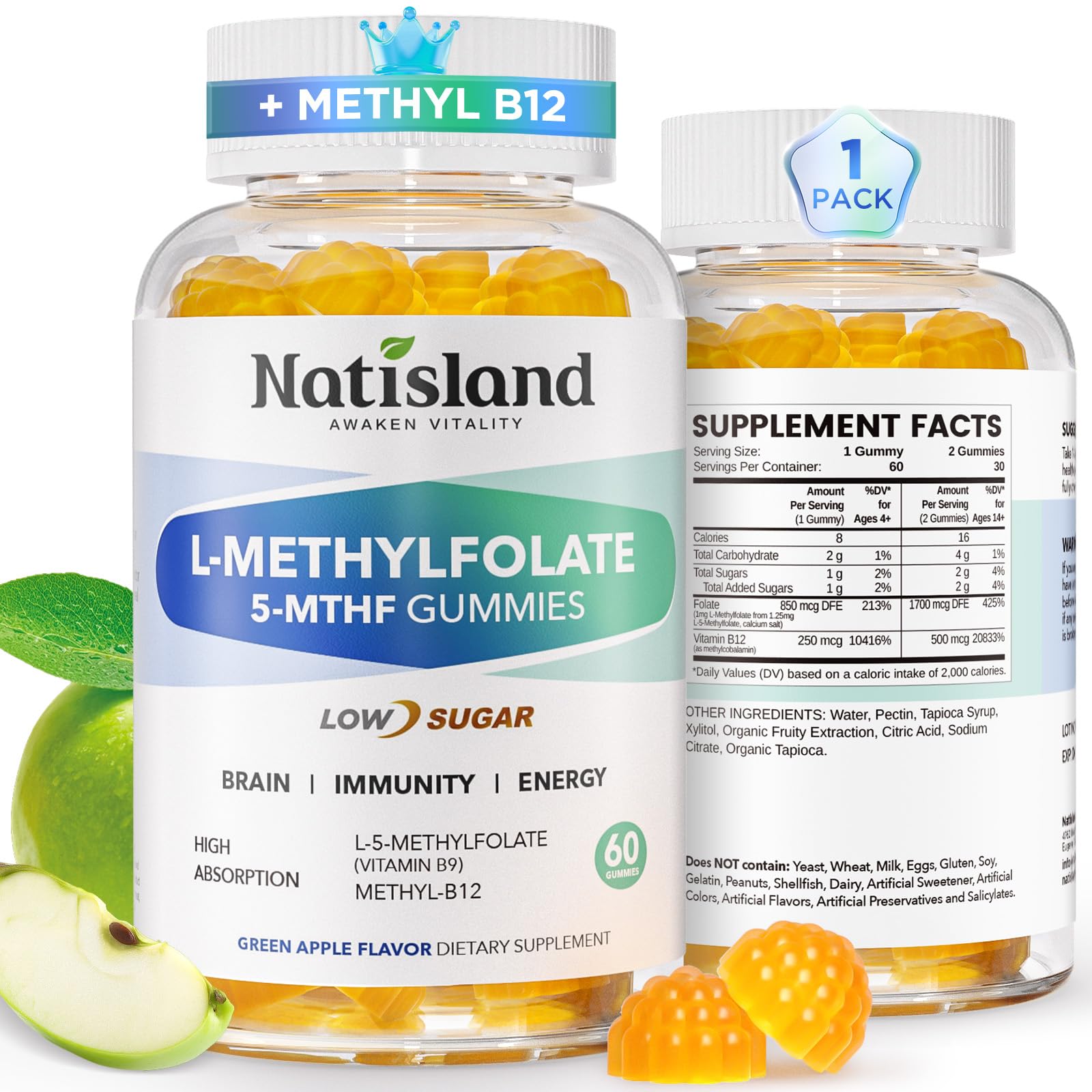 NATISLAND Methylfolate Gummies, L-Methylfolate & Methyl B12, Active Folate Supplement, 60 Gummies