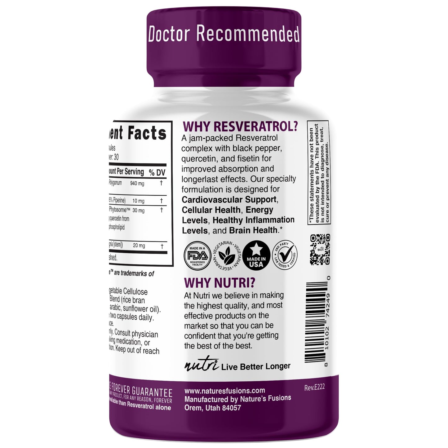 Nature's Fusions Nutri Resveratrol Supplement 1000mg Ultra High Purity Trans-Resveratrol - 15x More Bioavailable with Liposomal Quercetin and Fisetin - Antioxidant, Longevity, Organic Piperine 60 Vegan Capsules