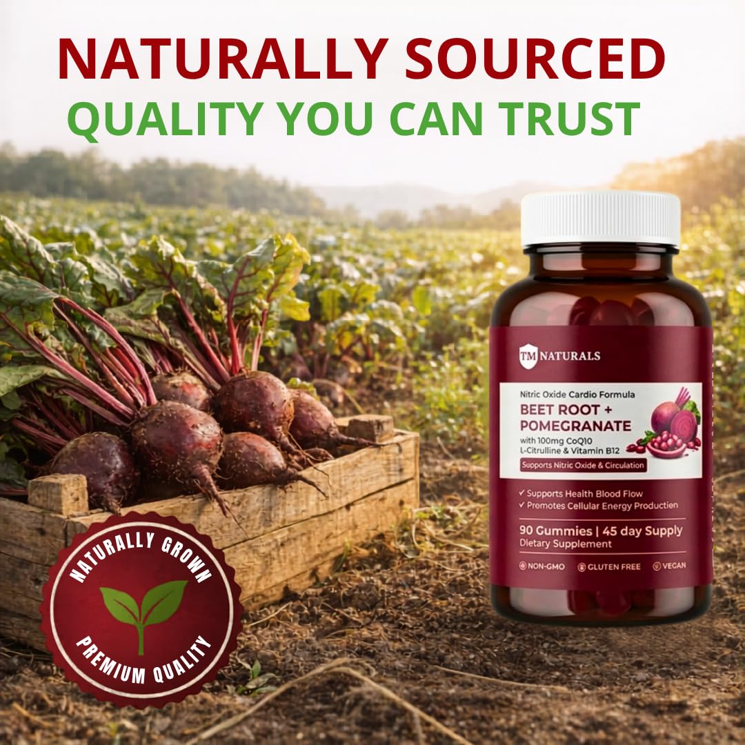 TM NATURALS Beet Root Capsule with Pomegranate, CoQ10, L-Citrulline & B12, Nitric Oxide Support for Circulation, Energy & Blood Flow, 90 Count