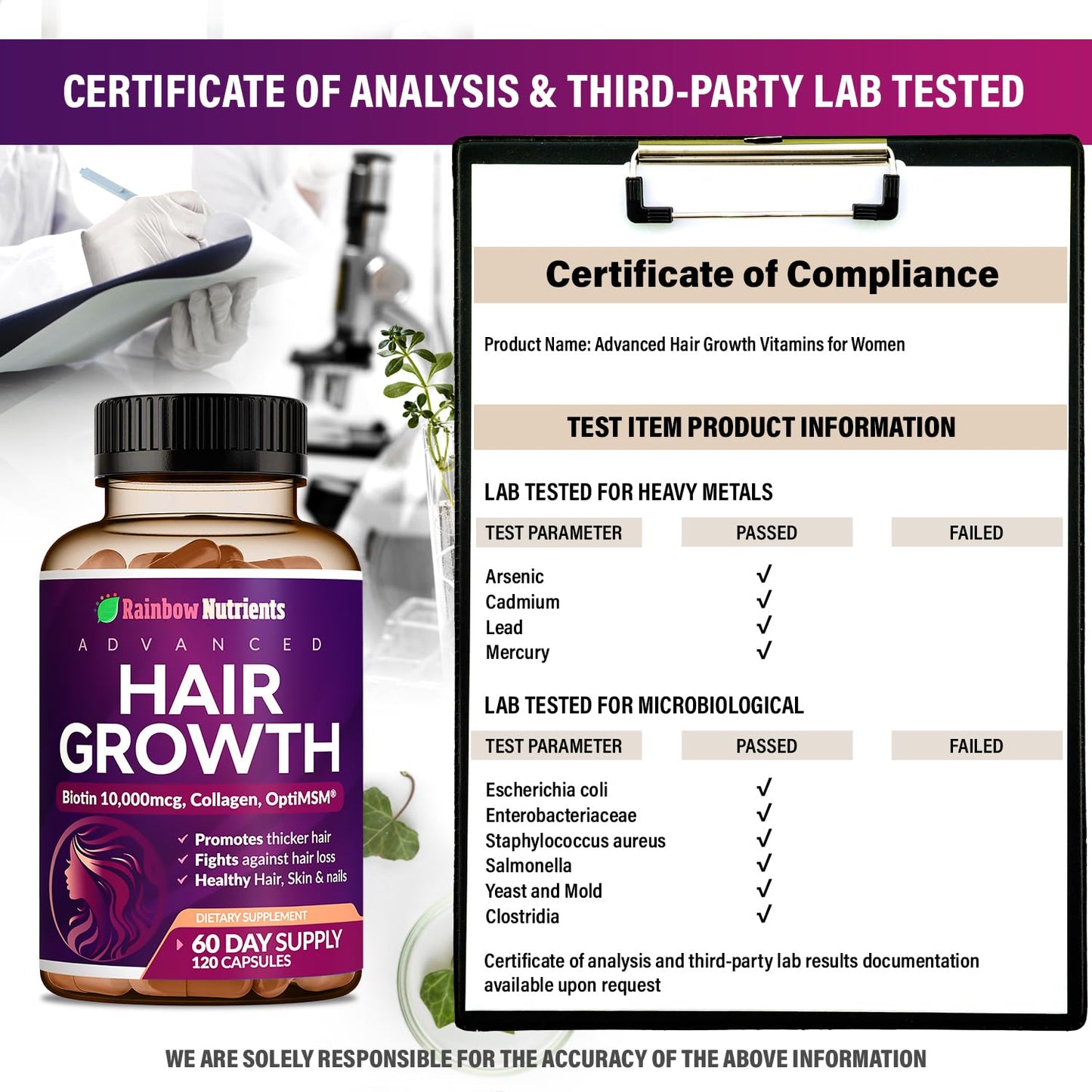 Rainbow Nutrients, LLC Hair Growth Vitamins for Women with Biotin 10,000mcg, Collagen, OptiMSM, goMCT, Saw Palmetto 120 Capsules