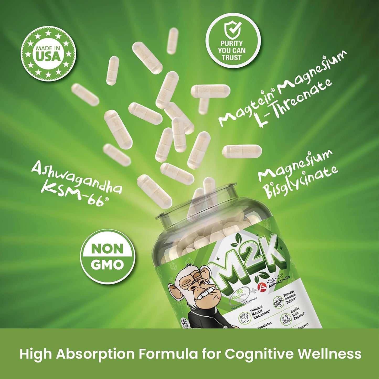 GINSPIRE NUTRITION M2K Magtein Magnesium L-threonate & Ashwagandha Supplement Capsule 1