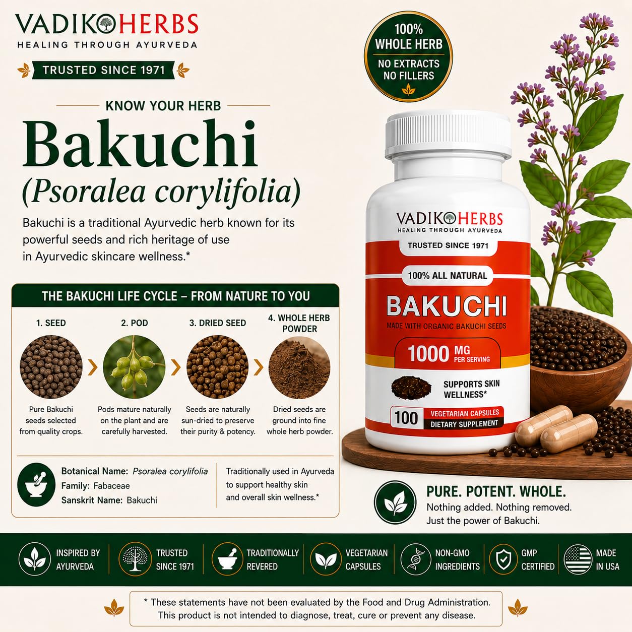 Vadik Herbs Bakuchi (Babchi, Psoralea corylifolia) Certified Organic Powder, 100 Count