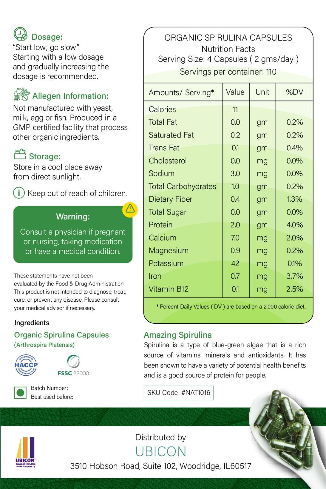 NUTRINPRO USDA Organic Spirulina Capsules, 720 Count