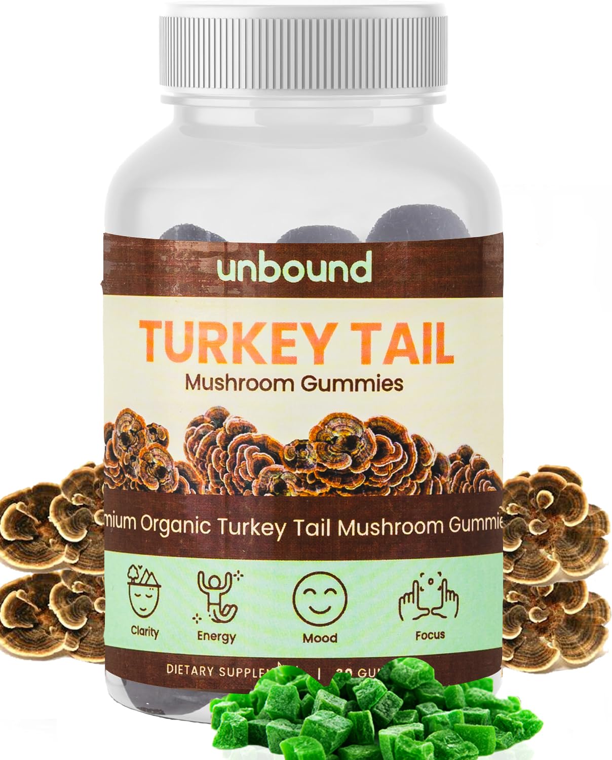 Unbound Mushroom Gummies Premium Organic Turkey Tail Mushroom, 60 Gummies