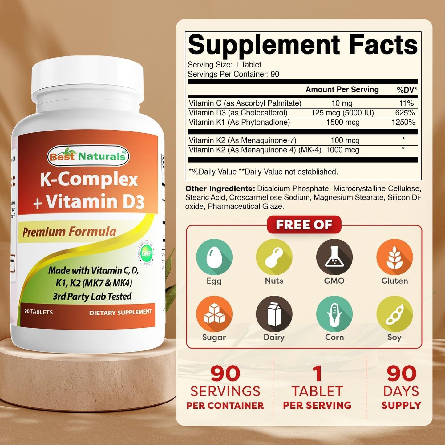 Best Naturals K-Complex with K1, K2, D3 + Vitamin C Tablets, 90 Tablets