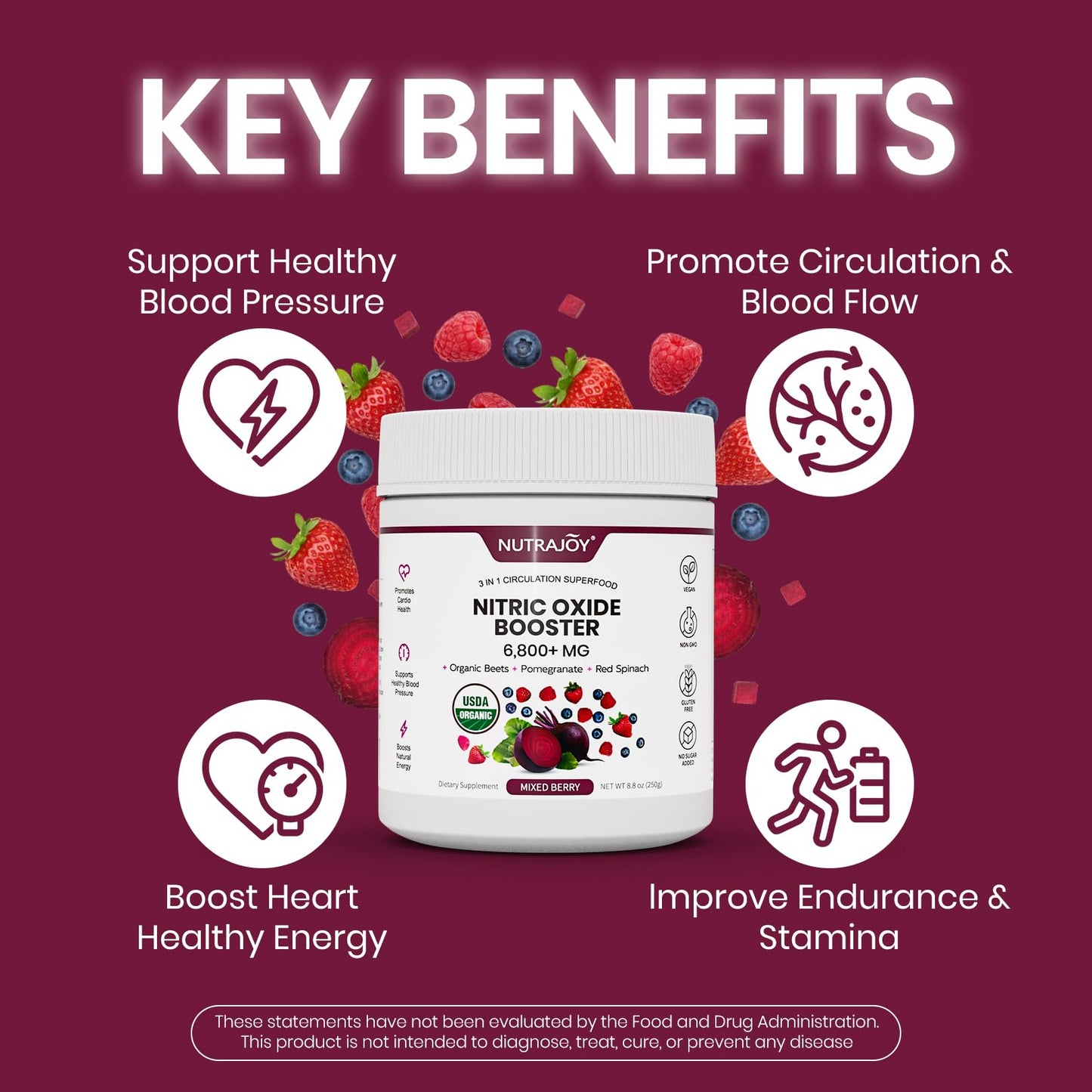 NUTRAJOY Organic Beet Root Powder Nitric Oxide Superfood Supplement for Energy Support, Nitric Oxide Booster, Vegan, Mixed Berry Flavor Powder, 8.8 oz