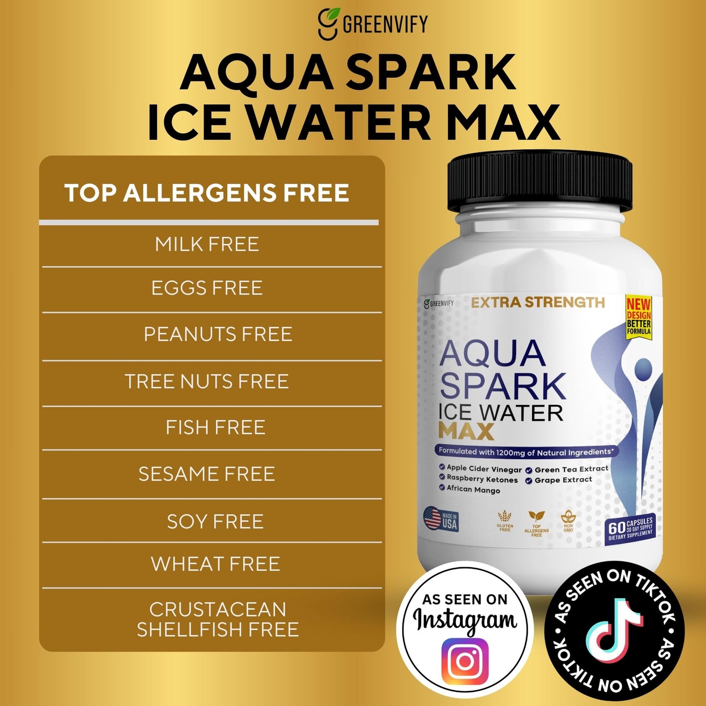 GREENVIFY Aqua Spark Ice Water Max Extra Strength Weight Management Supplement, 180 Capsules