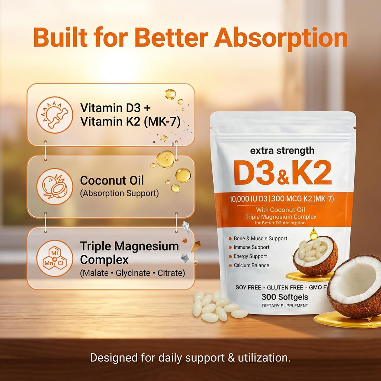 Megacephalus Vitamin D3 K2 Magnesium Complex Softgels 300 Count
