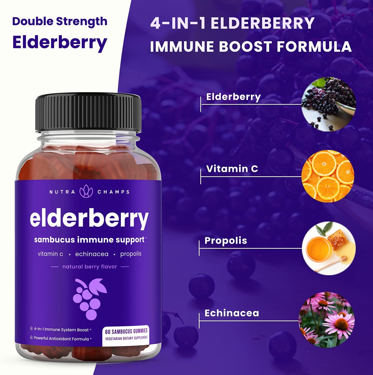 NutraChamps Elderberry Gummies with Vitamin C, Propolis & Echinacea, 60 Gummies