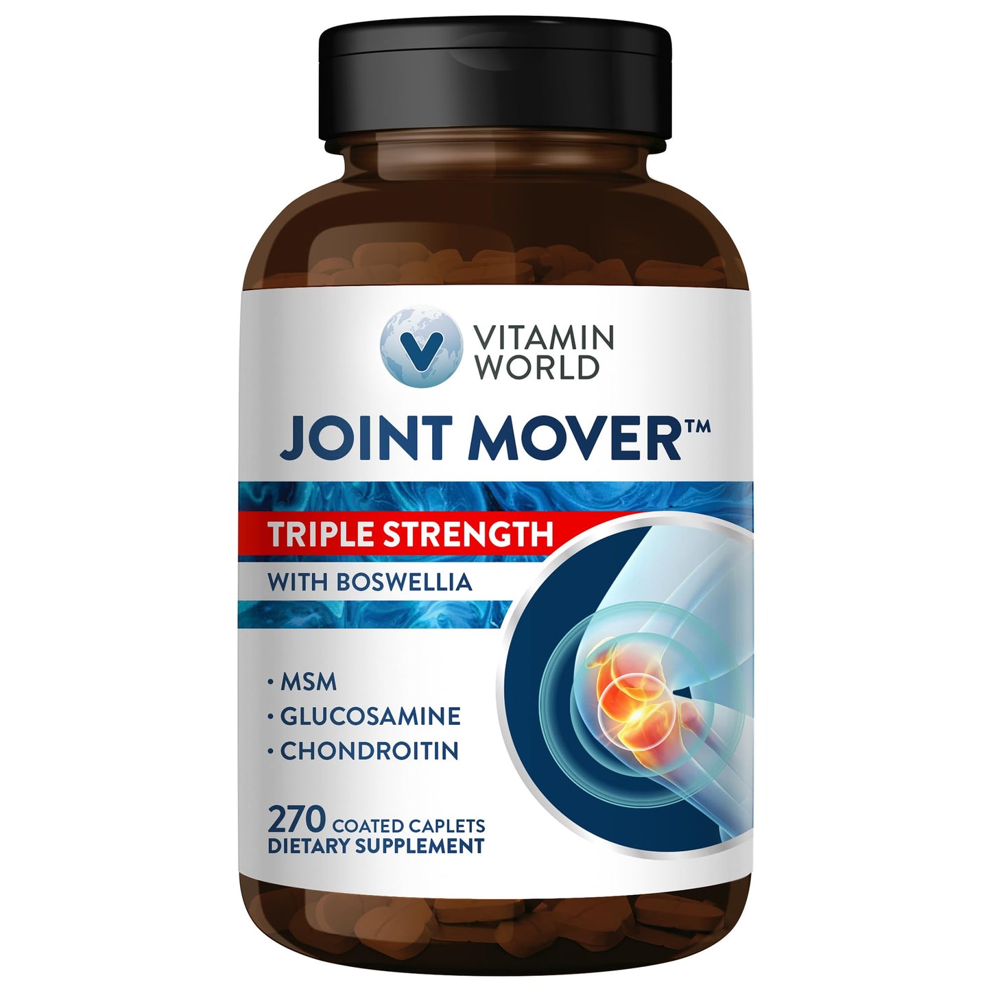 Vitamin World Triple Strength Joint Mover Glucosamine Chondroitin with MSM Joint Support Supplement Collagen & Boswellia Serrata Extract Caplets 270 Count